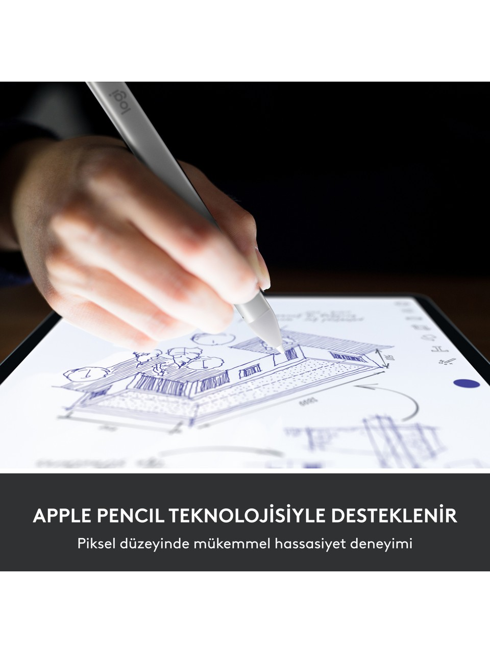 Gri bir kalem tutan bir el, bir tablet üzerine çizim yapıyor. Tablette mavi bir mimari eskiz görüntüleniyor. Arka plan karanlık.