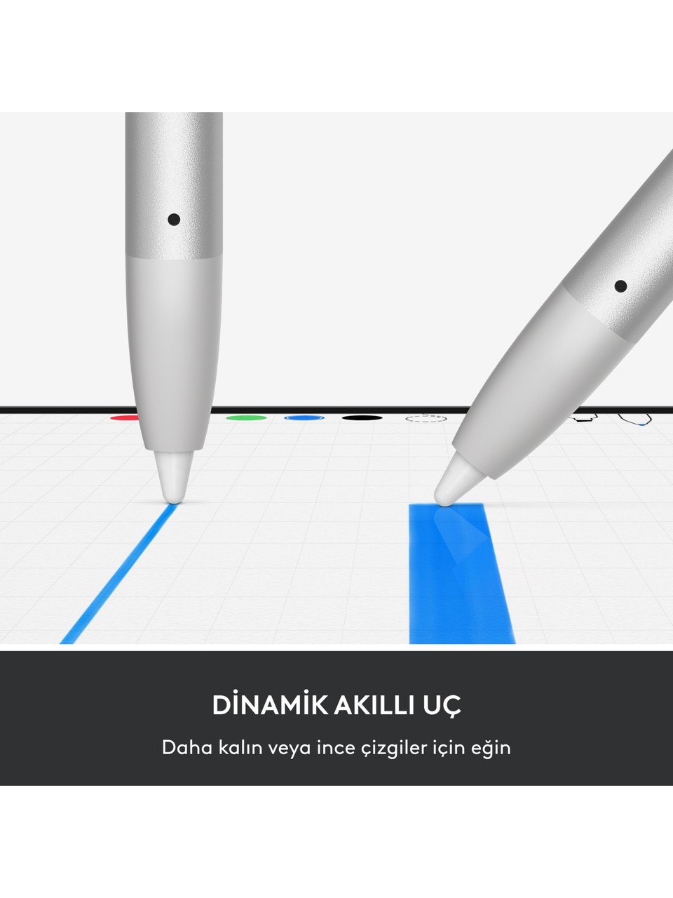 Gümüş gövdeli iki kalem, bir ızgara üzerinde mavi çizgiler çiziyor. Metin 'Dinamik Akilli Uç' ve 'Daha kalın veya ince çizgiler için' yazıyor.