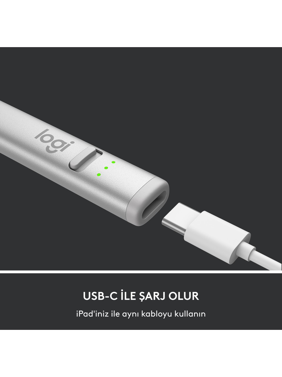 Karanlık bir arka plan üzerinde USB-C portlu gümüş bir Logitech cihazı ve beyaz bir USB-C kablosu. Altta metin: USB-C ile şarj olur.