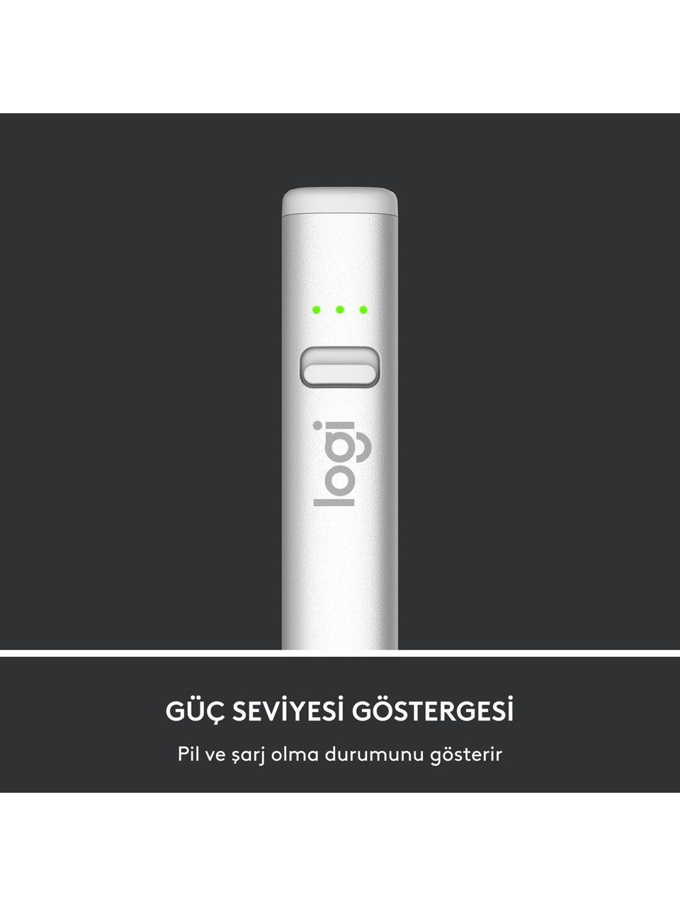 Yeşil güç gösterge ışıkları ve Logitech logosu bulunan beyaz, silindirik bir cihaz. Alt kısımda Türkçe metin.
