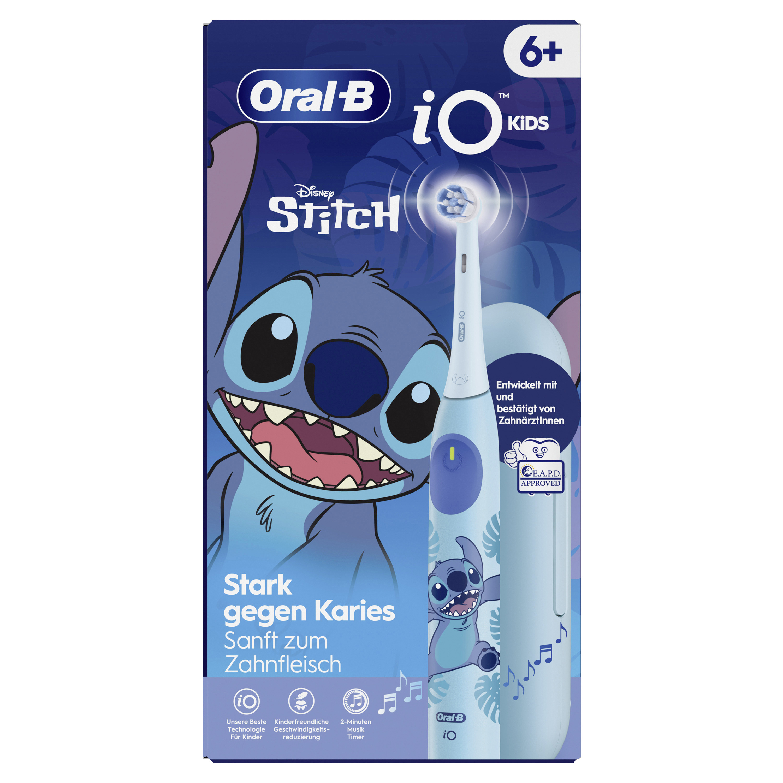 Verpackung mit Stitch, Oral-B Zahnbürste und Text: 'Stark gegen Karies, sanft zum Zahnfleisch' und '6+'.