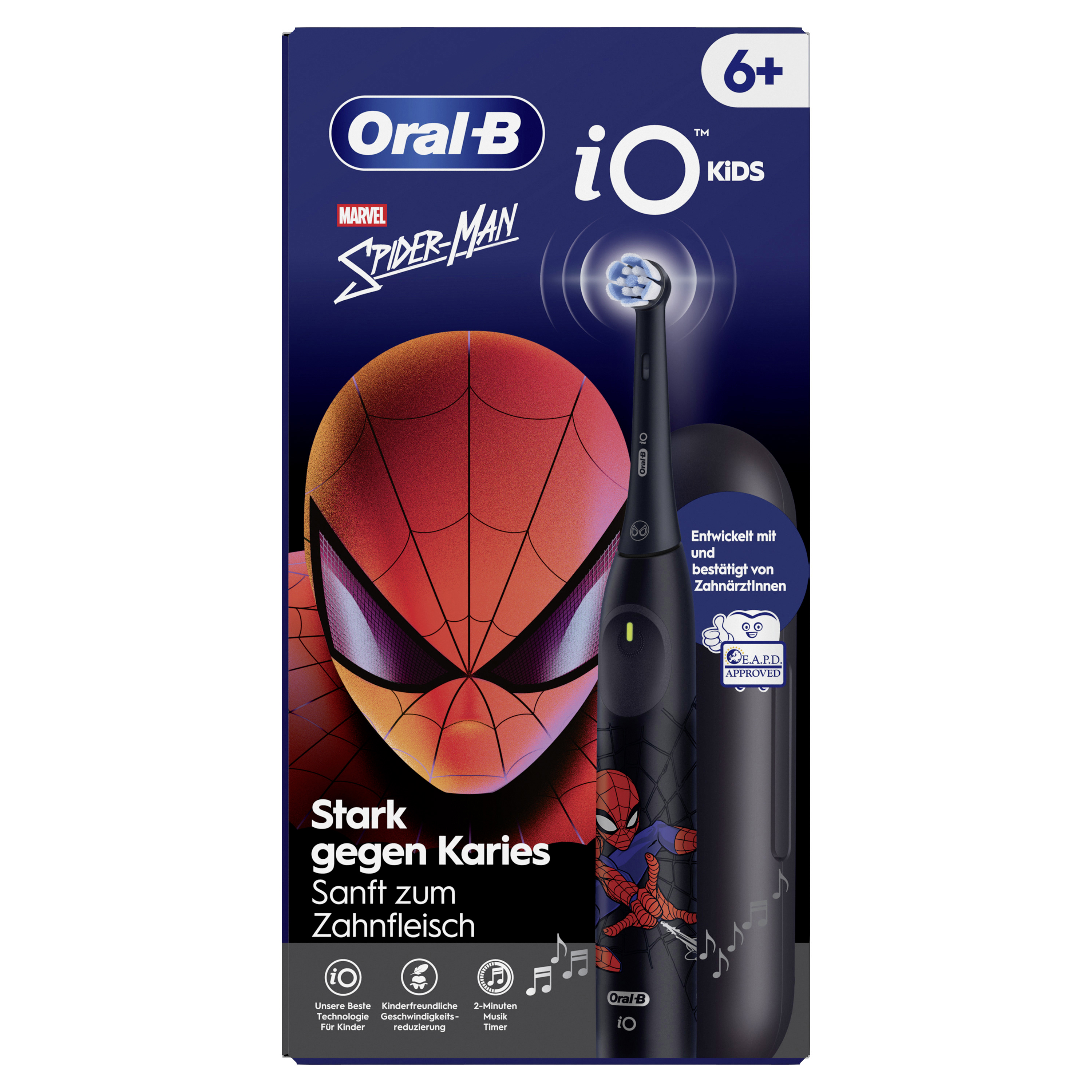 Oral-B iO Kids Zahnbürstenbox. Mit Spider-Man-Design. Die Zahnbürste ist schwarz.