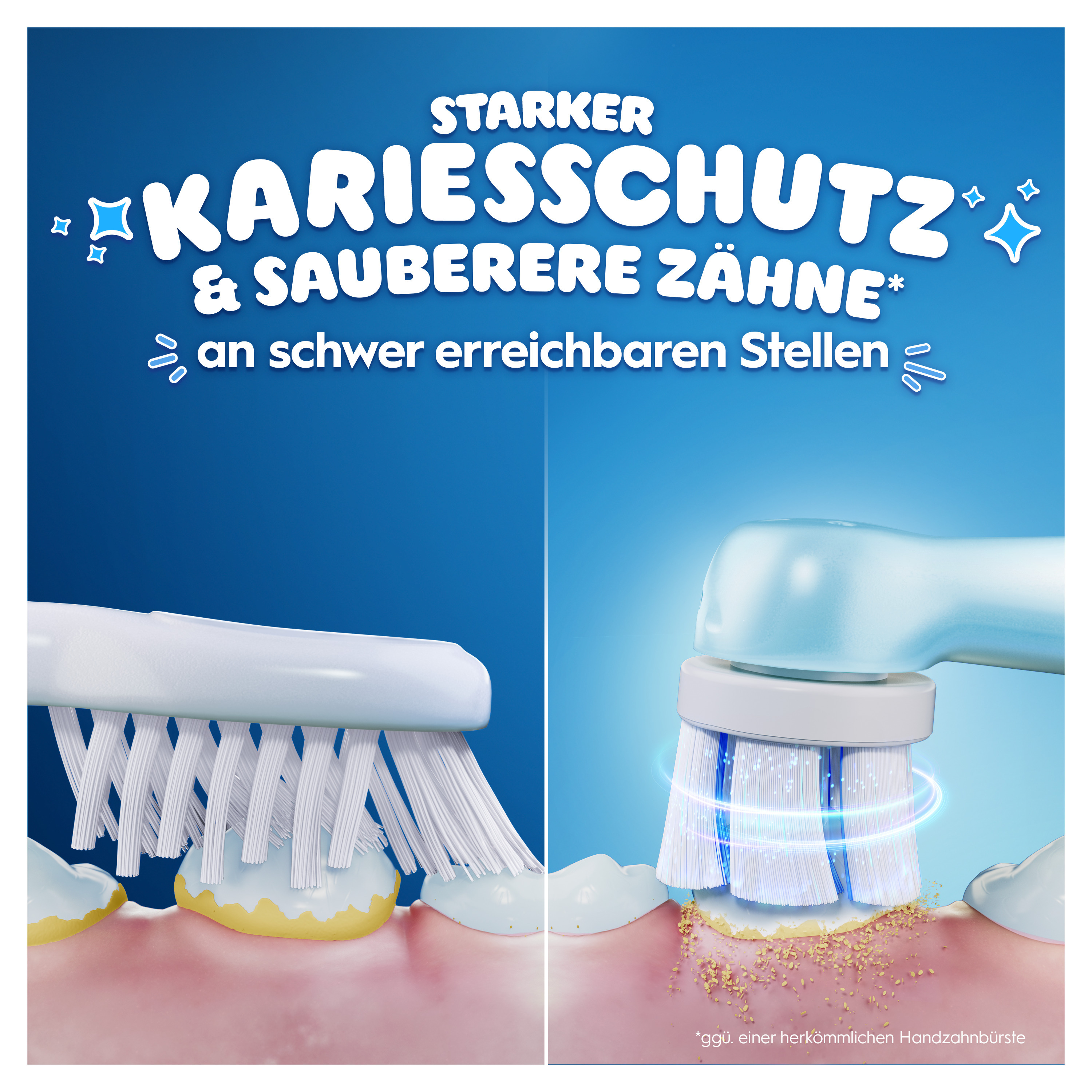 Das Bild zeigt eine Zahnbürste, die Zähne putzt. Der Text lautet: 'stärkerer Kariesschutz & sauberere Zähne' mit Vergleich.