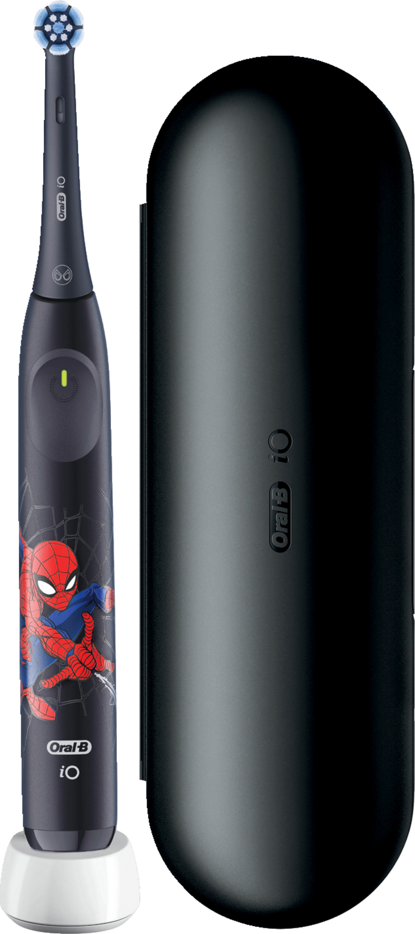 Eine elektrische Zahnbürste Oral-B iO mit Spider-Man-Design und einem schwarzen Reiseetui. Die Zahnbürste ist dunkelblau.
