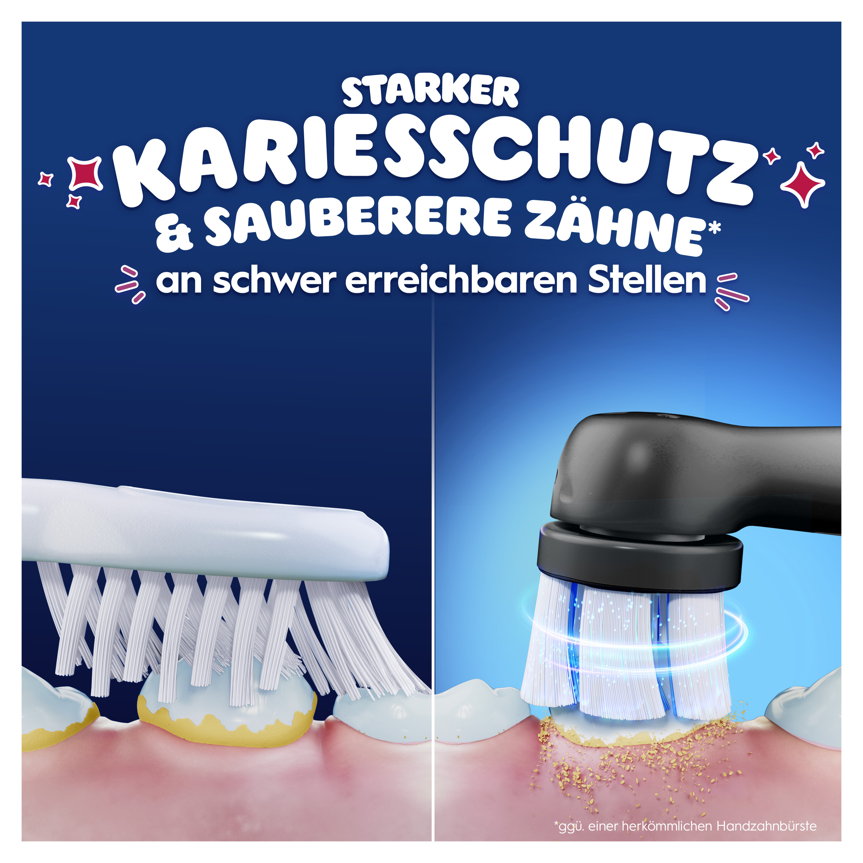 Das Bild zeigt eine Zahnbürste, die Zähne putzt. Text sagt: 'starker Kariesschutz & sauberere Zähne'.