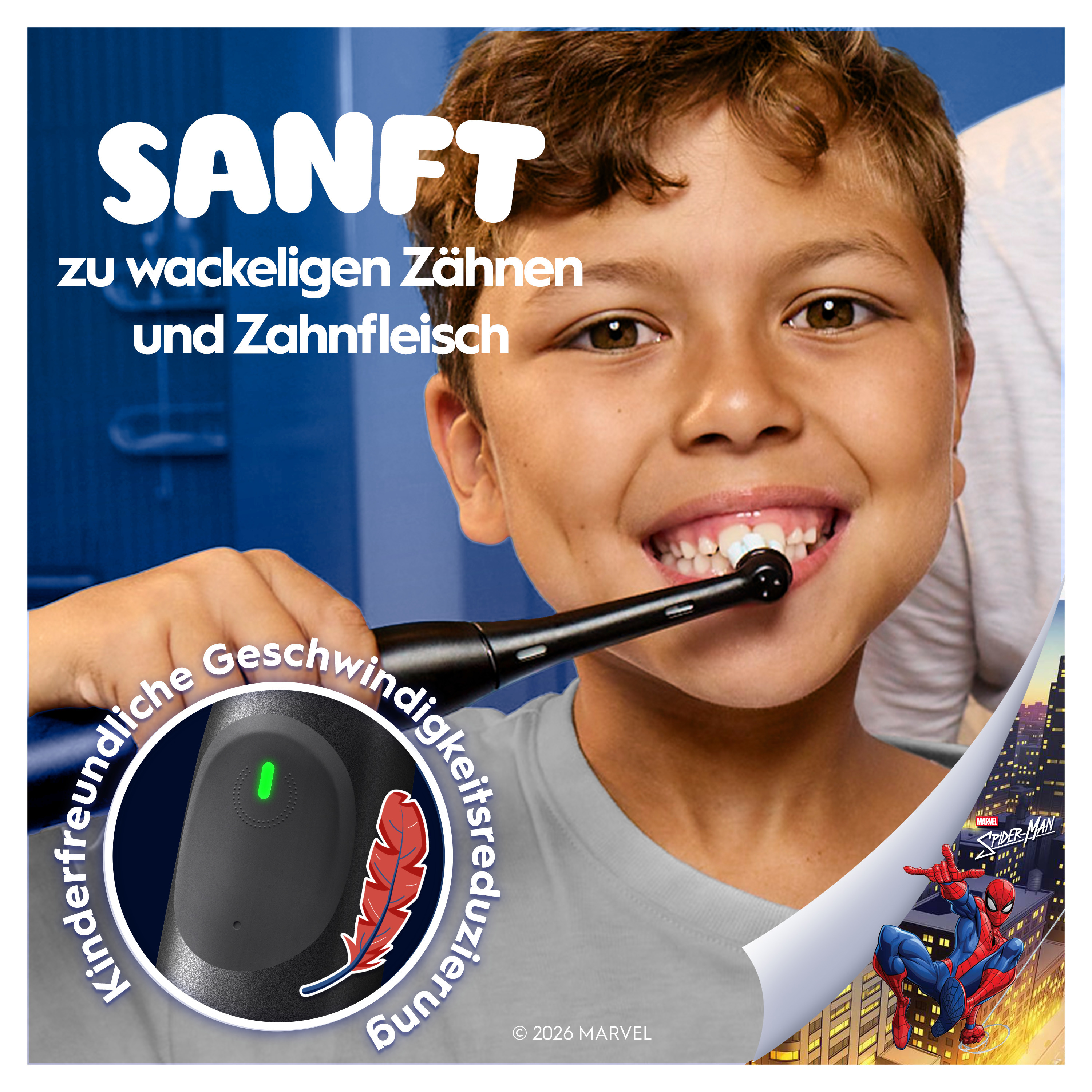 Junge putzt sich die Zähne mit einer elektrischen Zahnbürste. Text lautet 'SANFT' und 'SPIDER-MAN' Bild.