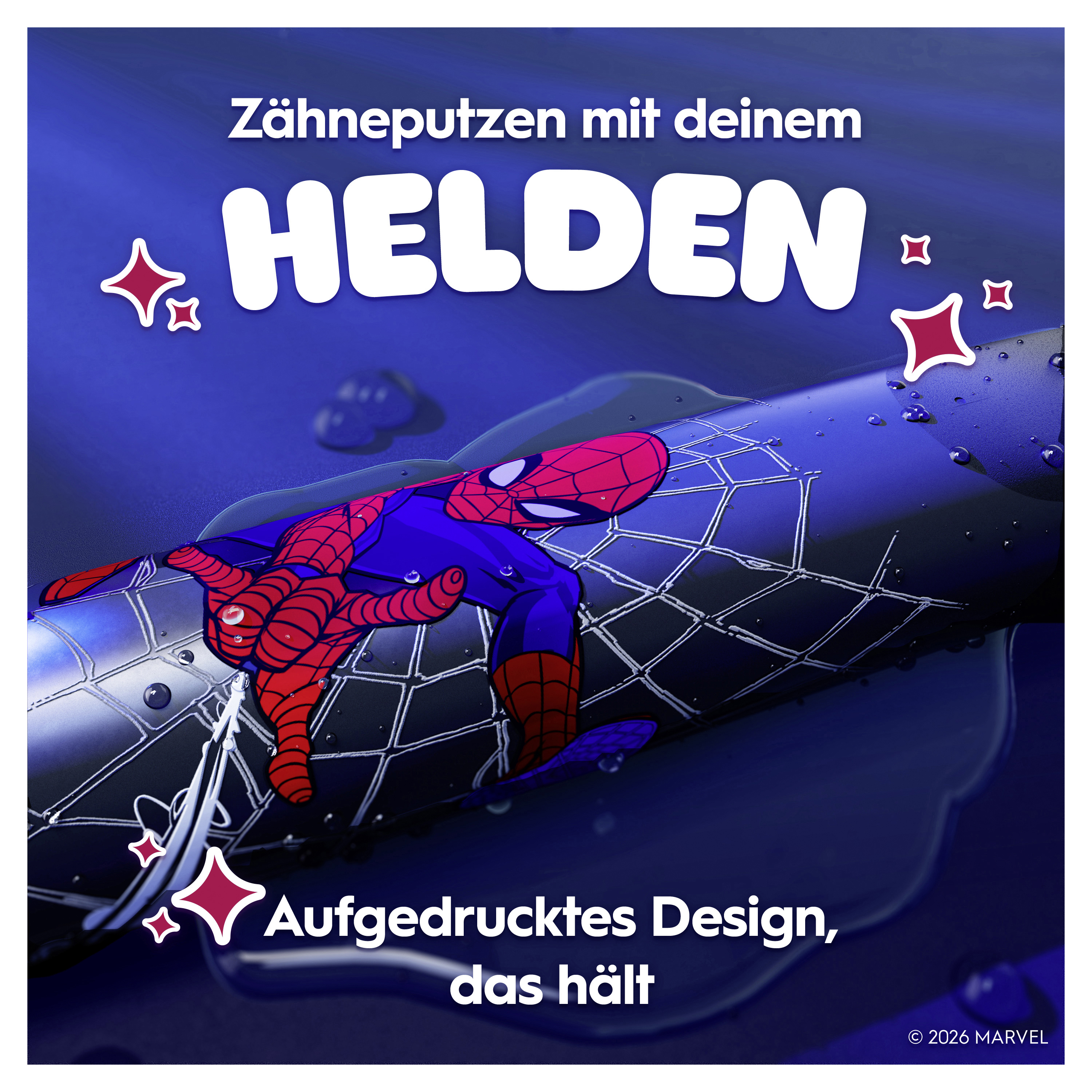 Spider-Man-Grafik auf blauem Hintergrund. Text sagt 'putz deine Zähne mit deinem Helden'. Sterne und Wassertropfen sind sichtbar.