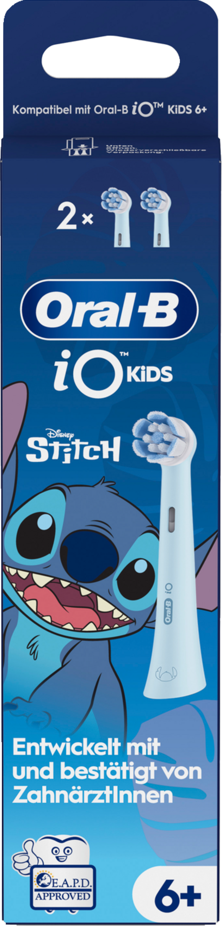 Schachtel mit Oral-B iO Kids Zahnbürstenköpfen. Mit Stitch von Disney. Text enthält '6+' und 'E.A.P.D. APPROVED'.