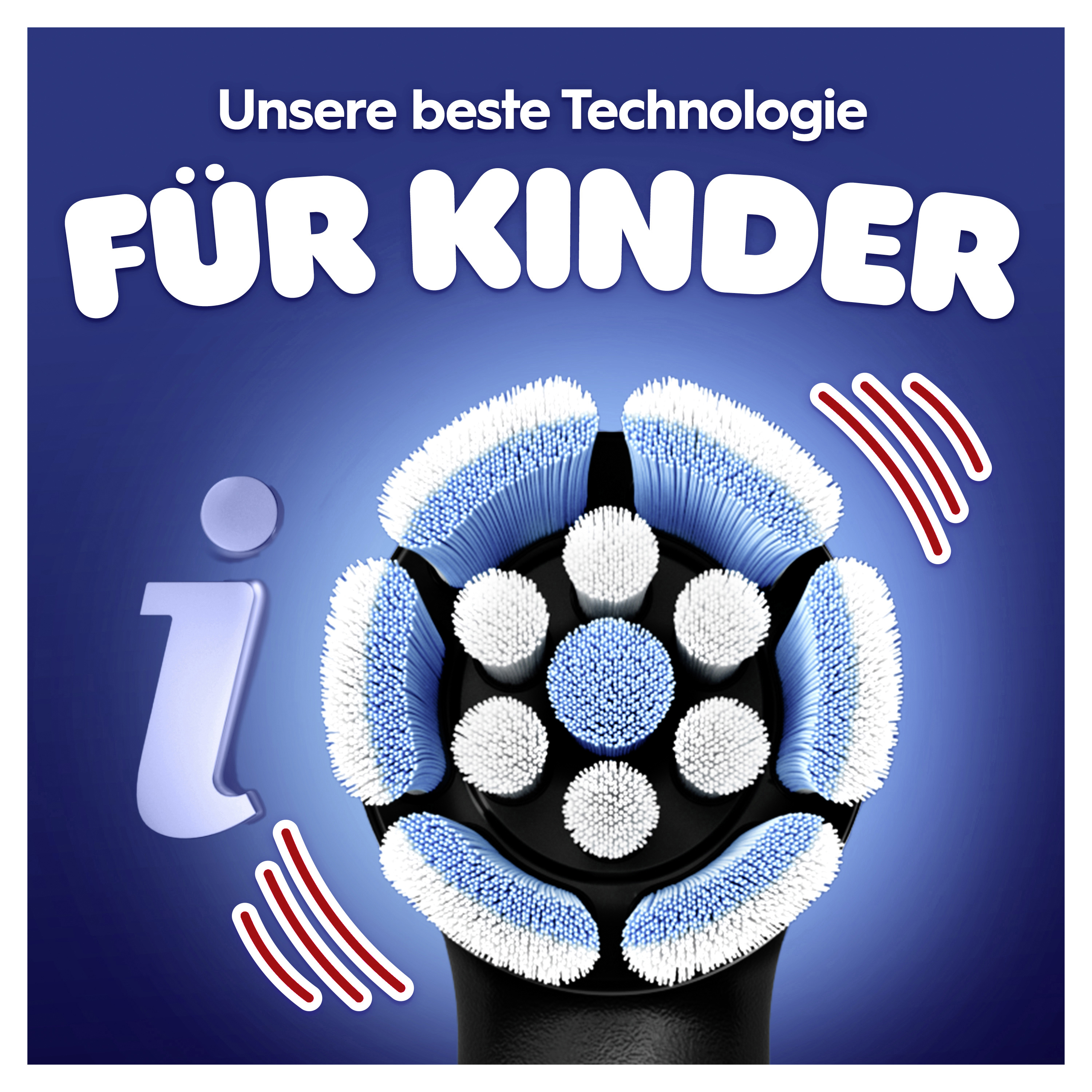 Ein elektrischer Zahnbürstenkopf mit blauen und weißen Borsten. Text auf Deutsch: 'Unsere beste Technologie für Kinder'.