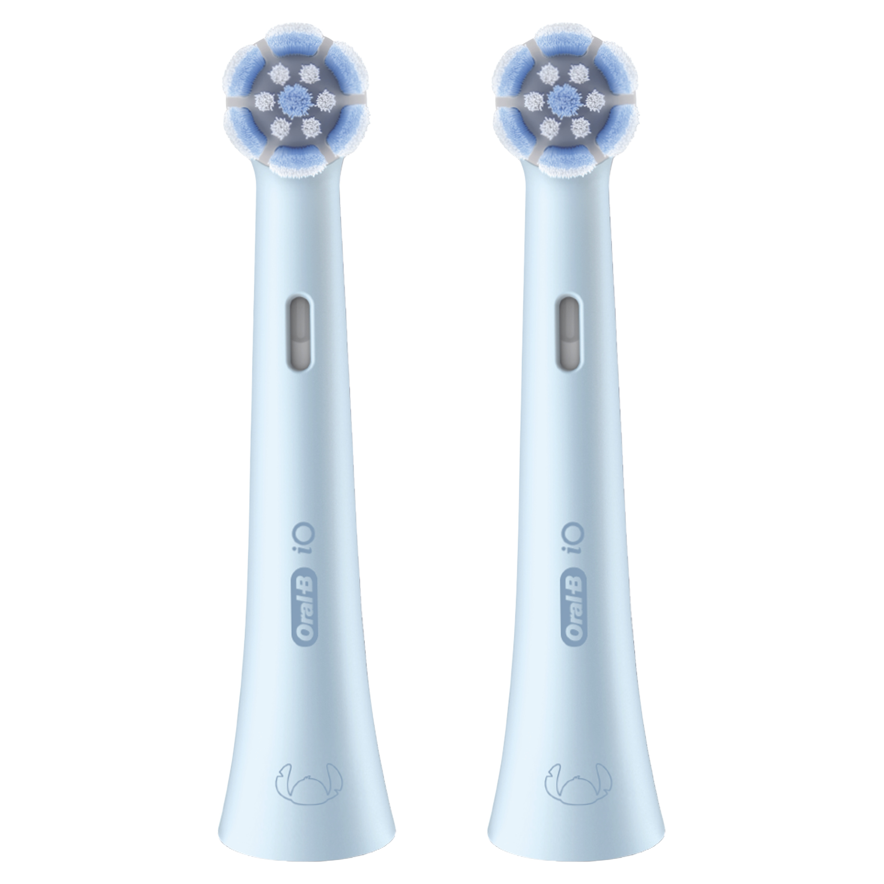 Zwei hellblaue Oral-B iO-Zahnbürstenköpfe. Jeder hat einen abgerundeten Kopf mit blauen und weißen Borsten.