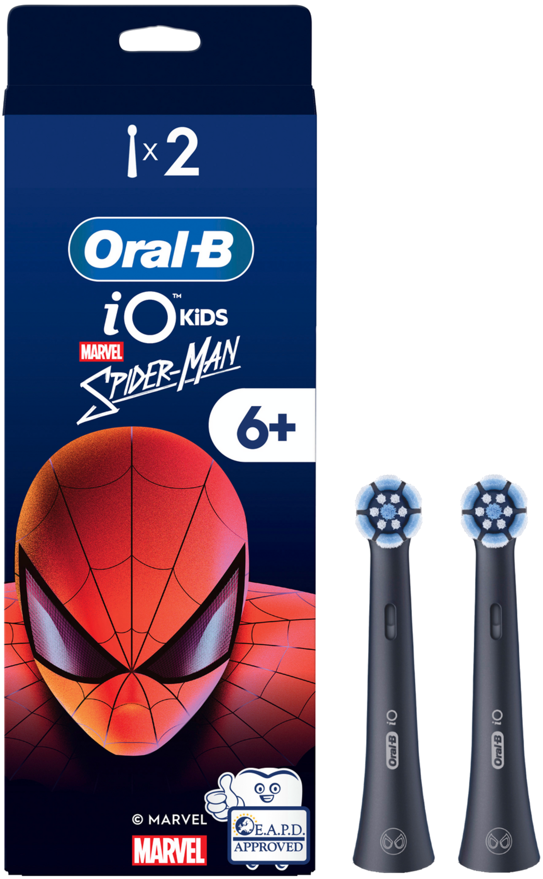 Packung mit Oral-B iO Kids Spider-Man Zahnbürstenköpfen. Mit Spider-Man-Grafik, blau und rot und zwei Bürstenköpfen.