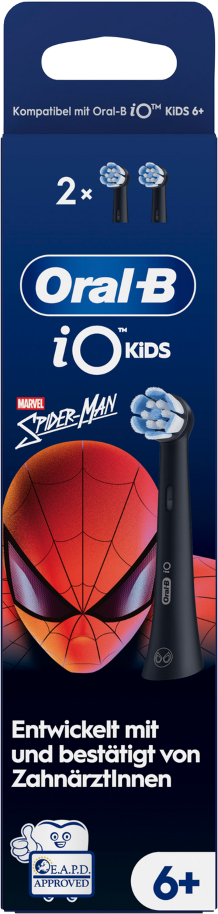 Schachtel mit Oral-B iO Kids Spider-Man Zahnbürstenköpfen. Enthält das Spider-Man-Gesicht und eine 6+-Altersempfehlung.