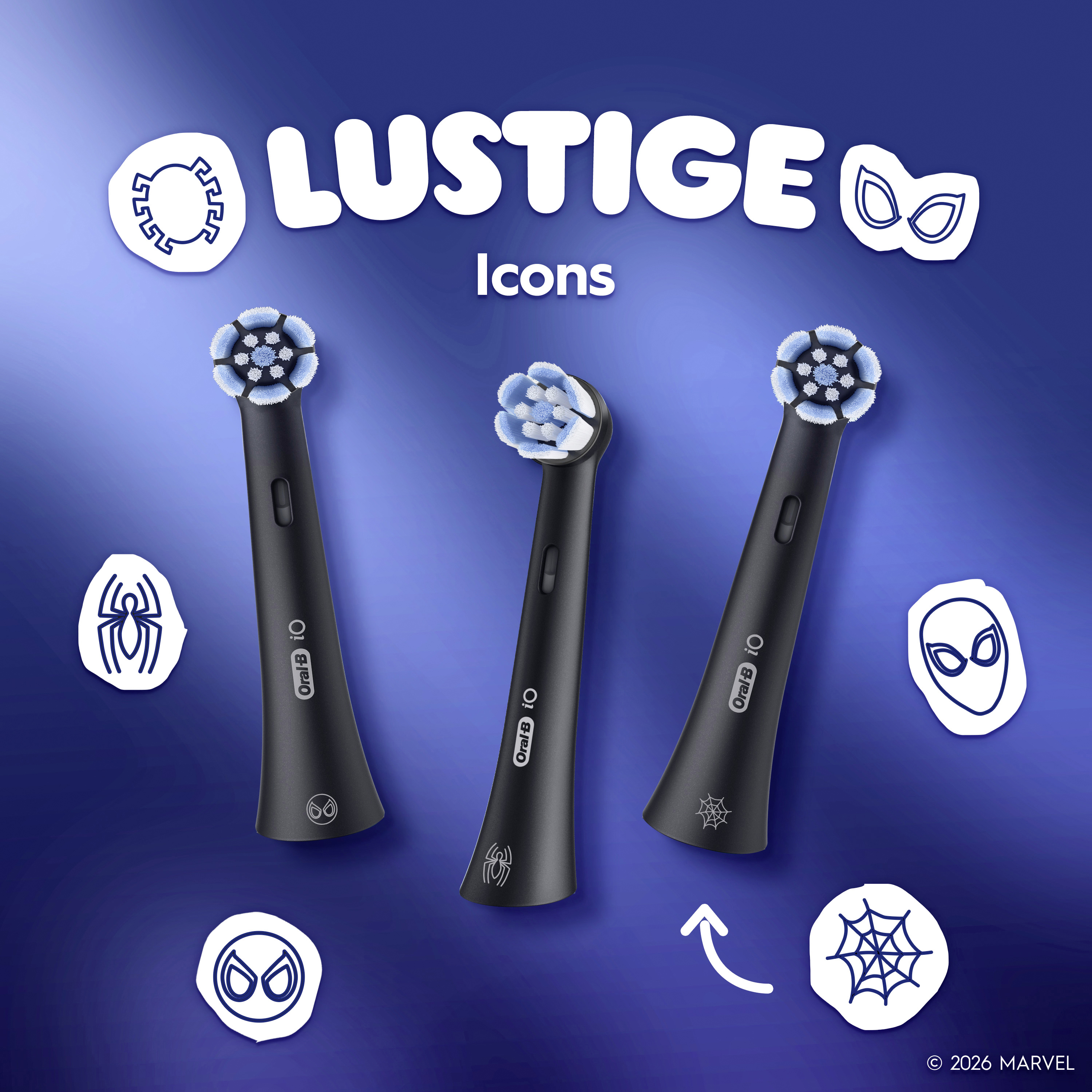 Drei schwarze Oral-B-Zahnbürstenköpfe mit blauen Borsten, Spider-Man-Icons und dem Wort LUSTIGE auf blauem Hintergrund.