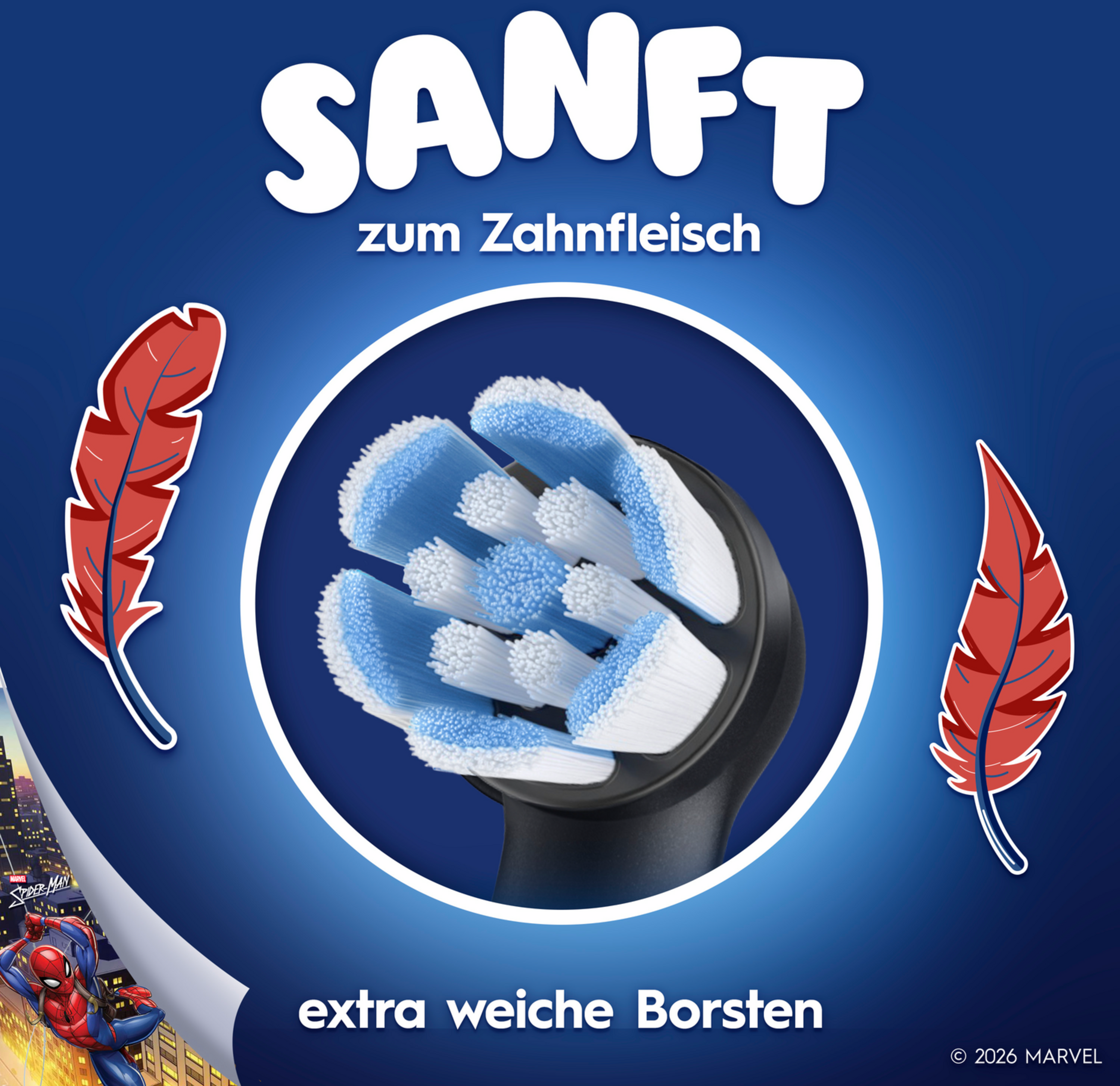 Werbung für einen Zahnbürstenkopf. Es steht 'SANFT' und 'extra weiche Borsten'. Zwei rote Feder-Icons sind vorhanden, und Spider-Man ist unten.
