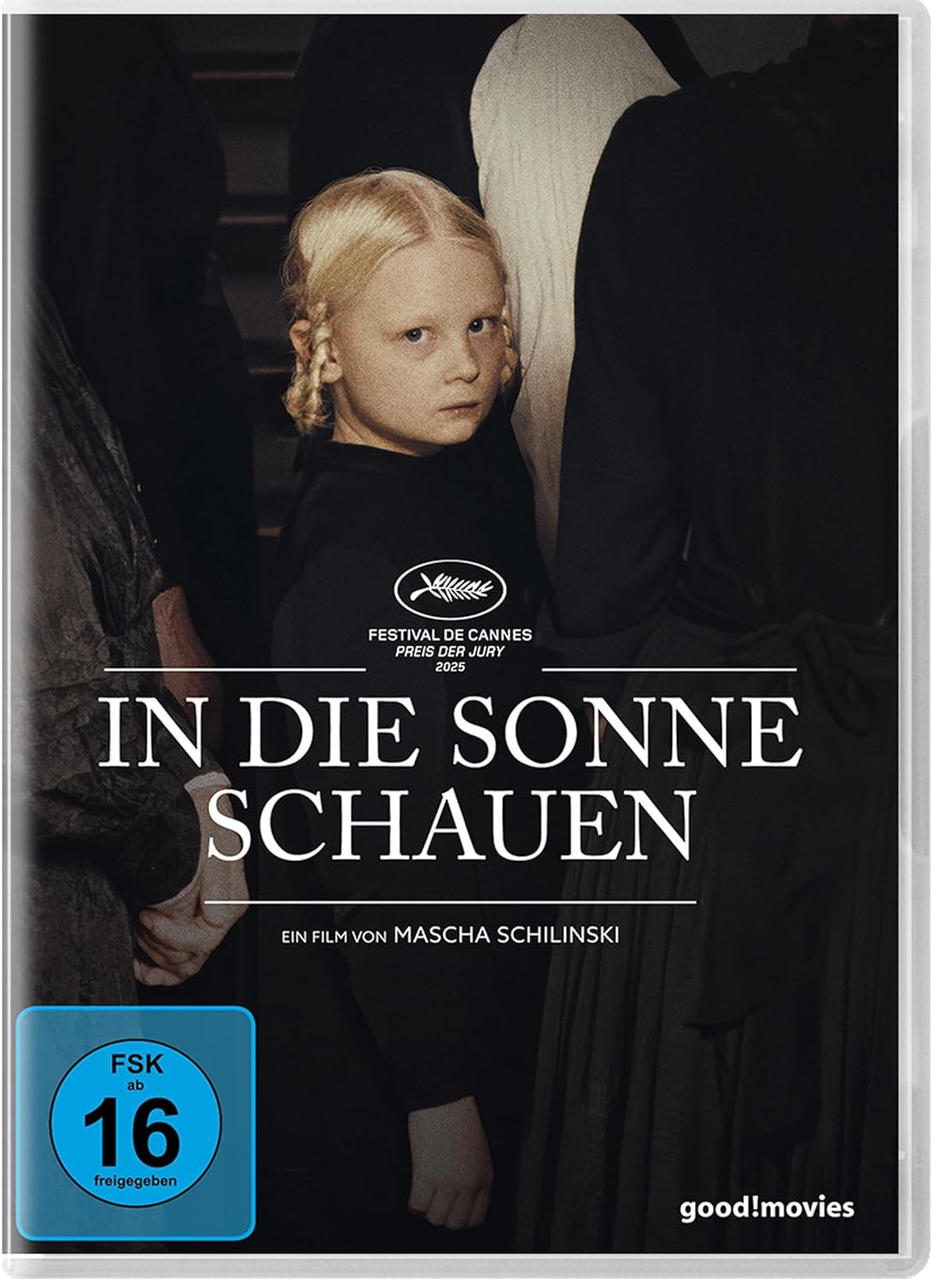 Filmposter. Ein junges Mädchen mit blonden Zöpfen blickt den Betrachter an. Der Titel lautet 'In die Sonne Schauen'. Cannes Film Festival Logo.