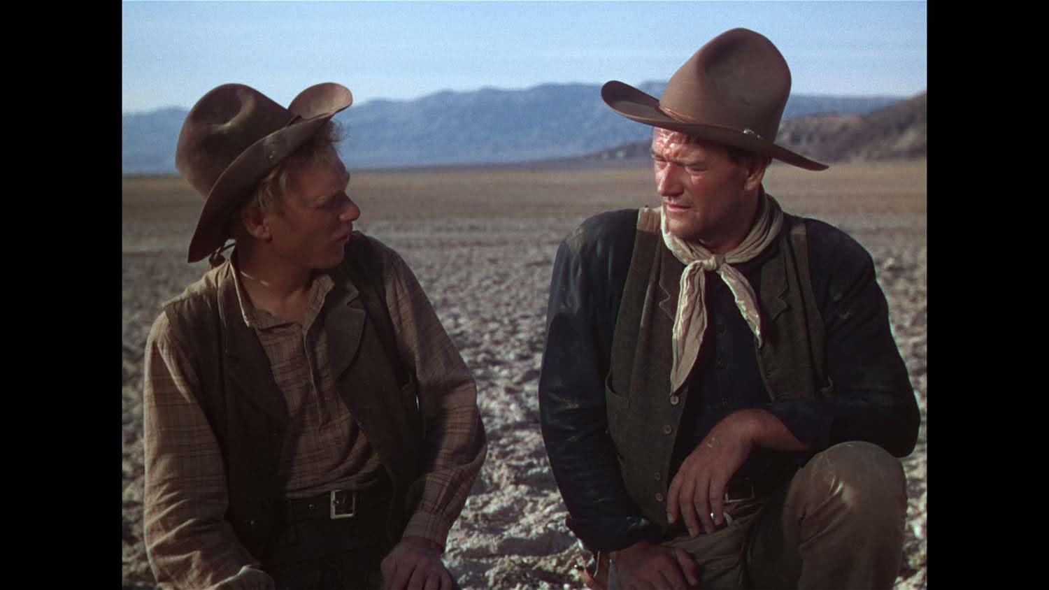 Zwei Männer mit Cowboyhüten unterhalten sich in einer Wüstenlandschaft. Einer kniet. Berge sind im Hintergrund unter blauem Himmel.