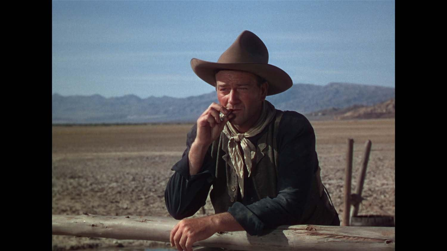 Ein Mann mit Cowboyhut raucht und lehnt an einem Zaun. Berge und trockenes Land sind vor blauem Himmel im Hintergrund.