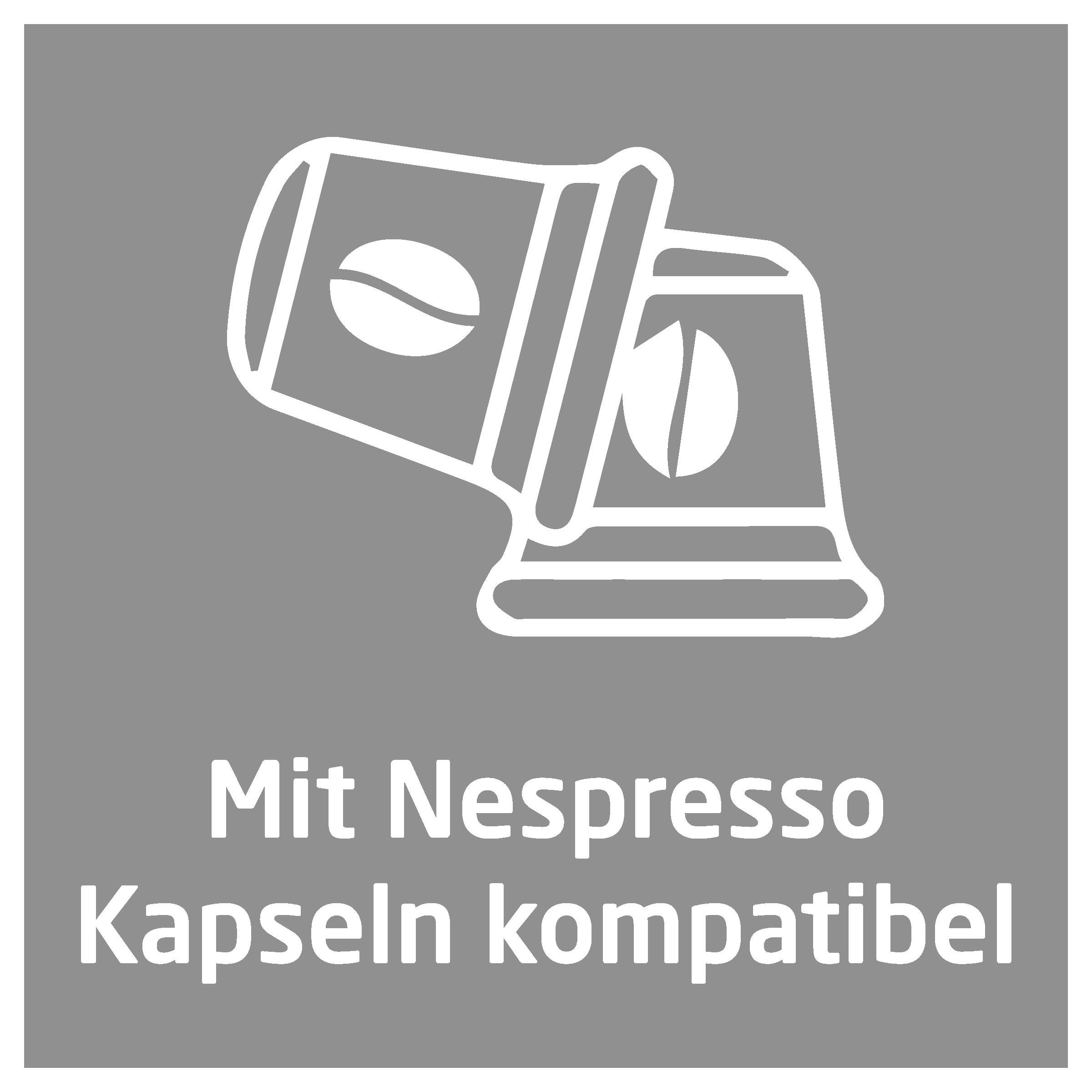 Zwei weiße Kaffeekapsel-Symbole mit Bohnensymbolen auf grauem Hintergrund, darunter Text zur Nespresso-Kompatibilität.