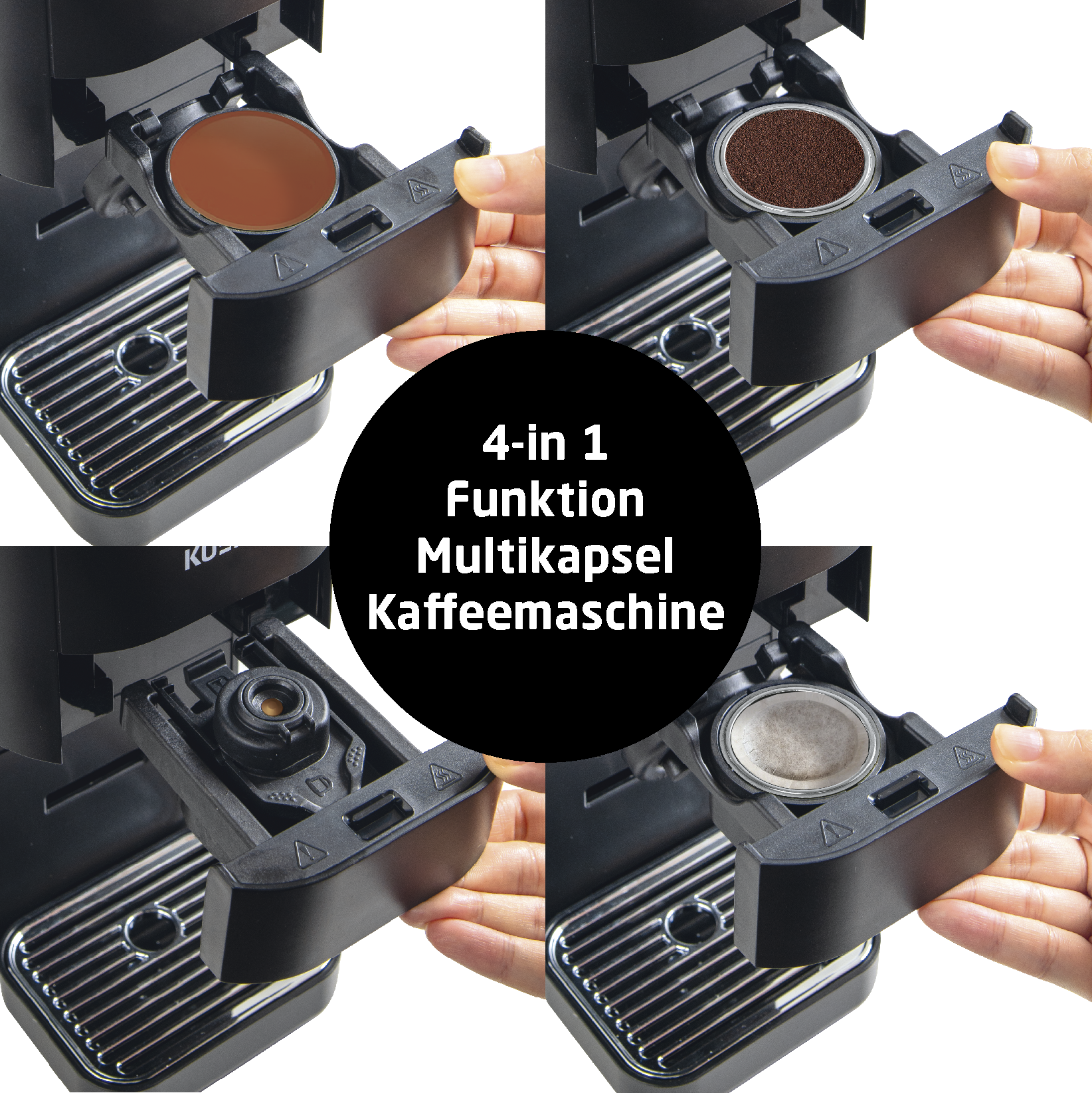 Eine 4-in-1-Kaffeemaschine zeigt verschiedene Kapseln, die geladen werden. Hände bedienen die Maschine, mit schwarzer Textüberlagerung.