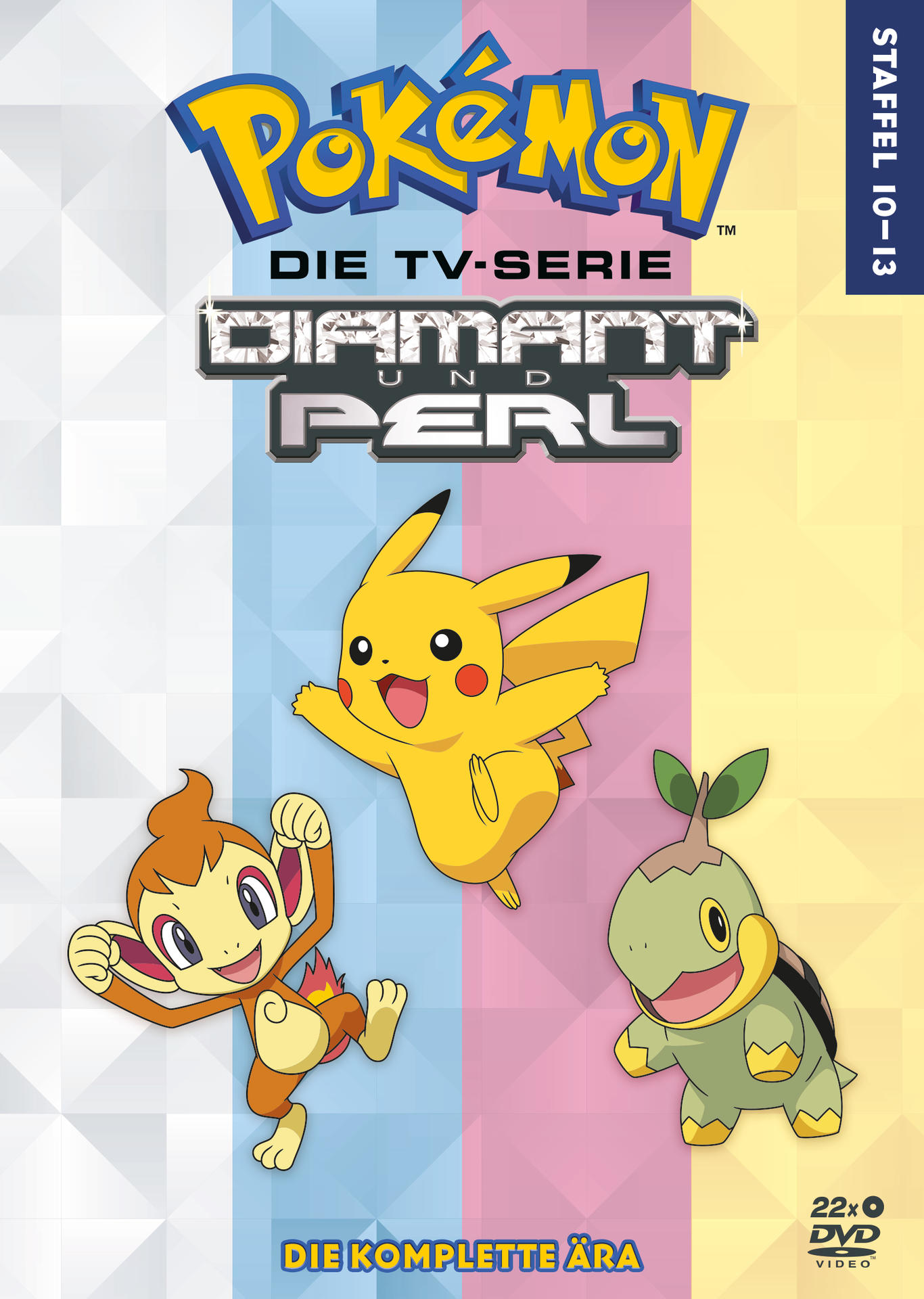 Cover der Pokémon Diamant und Perl TV-Serie DVD. Enthält Pikachu, Panflam und Chelast. Text auf Deutsch.