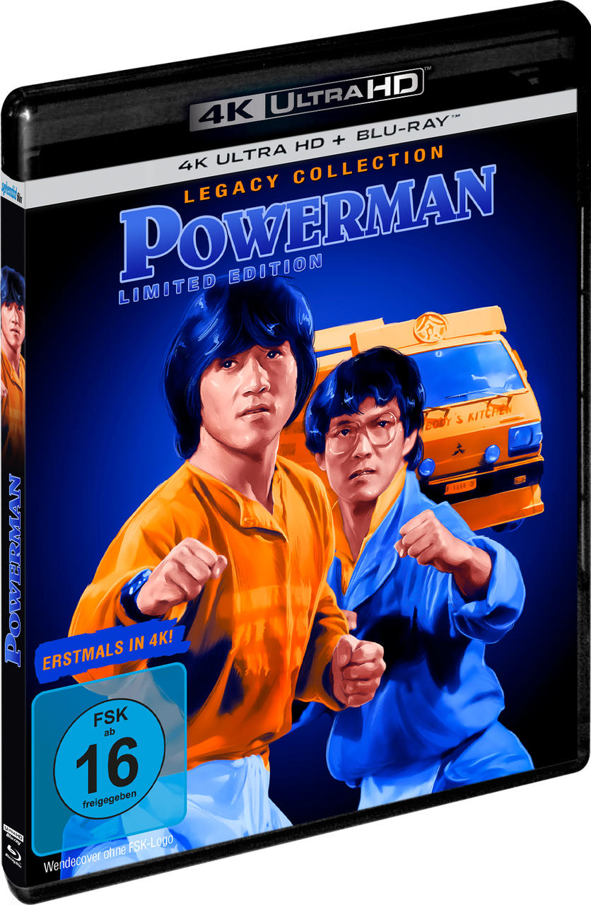 DVD-Cover für Powerman. Zwei Männer in Kampfposen, orangefarbene und blaue Kleidung. Im Hintergrund ein gelber Foodtruck.