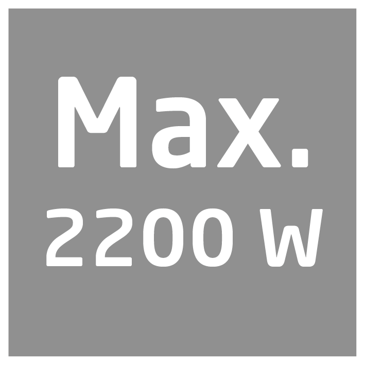 Graues Quadrat mit weißem Text: 'Max. 2200 W'.