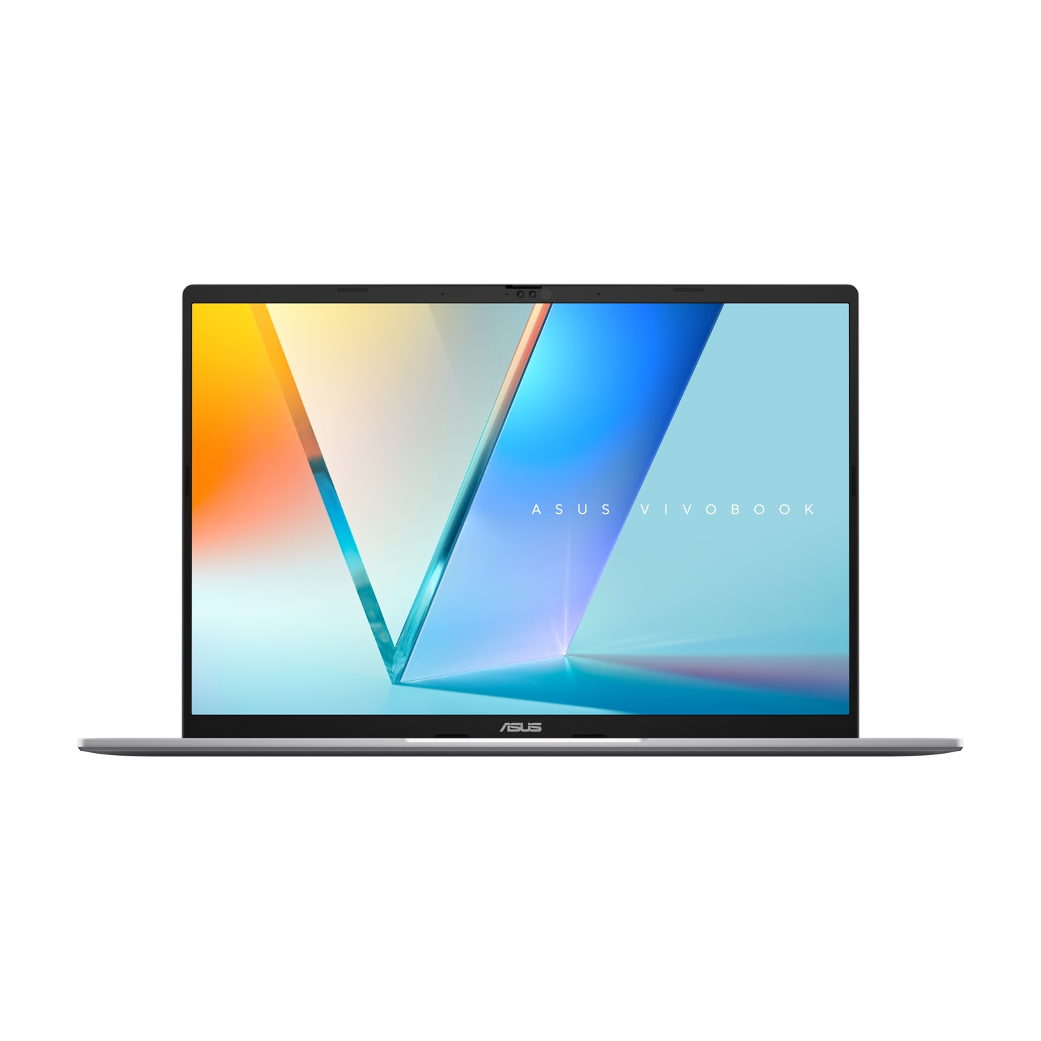 Un laptop Asus Vivobook argentato su sfondo bianco. Lo schermo mostra un'immagine astratta colorata.