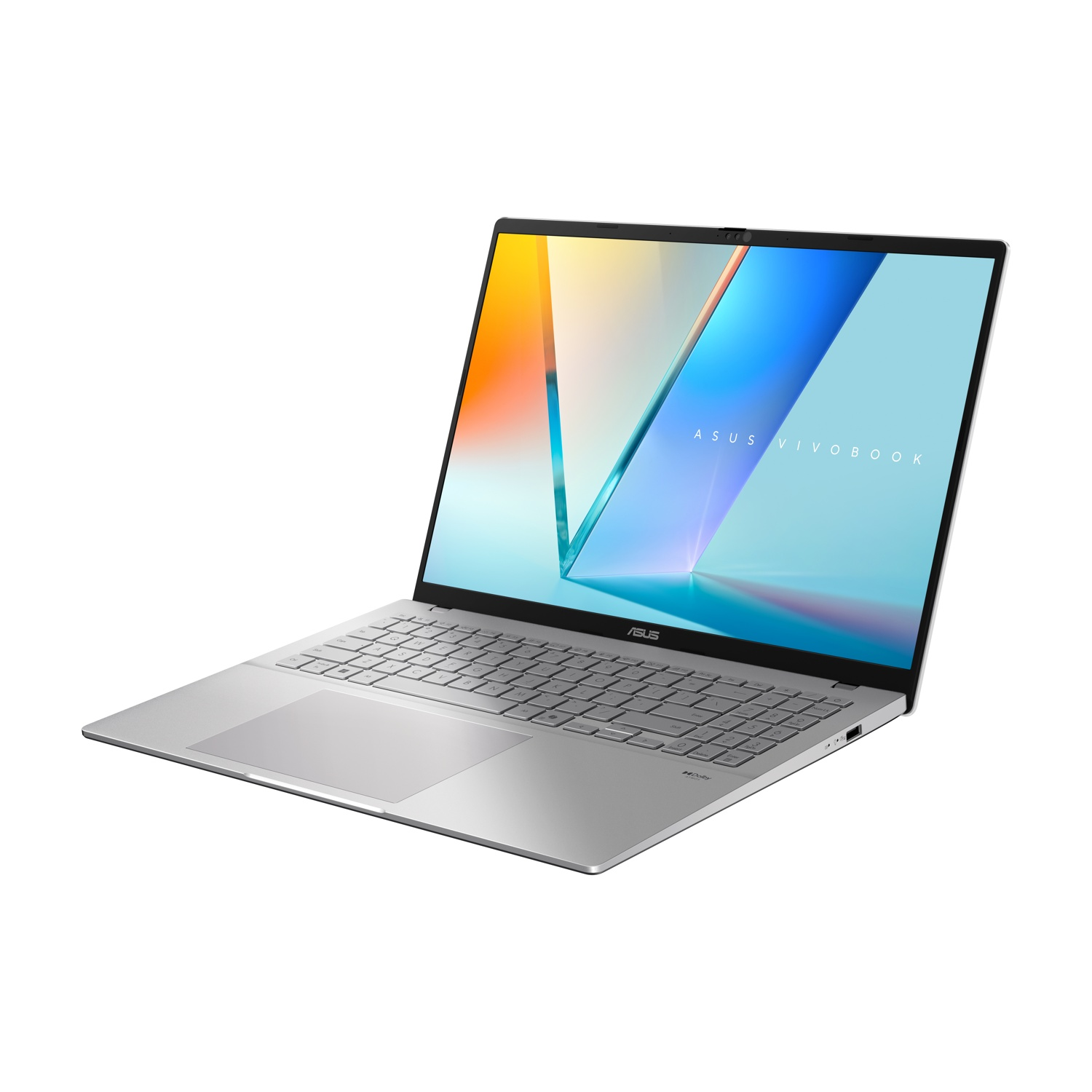 Un laptop ASUS Vivobook argento è aperto su sfondo bianco. Lo schermo mostra grafici colorati.