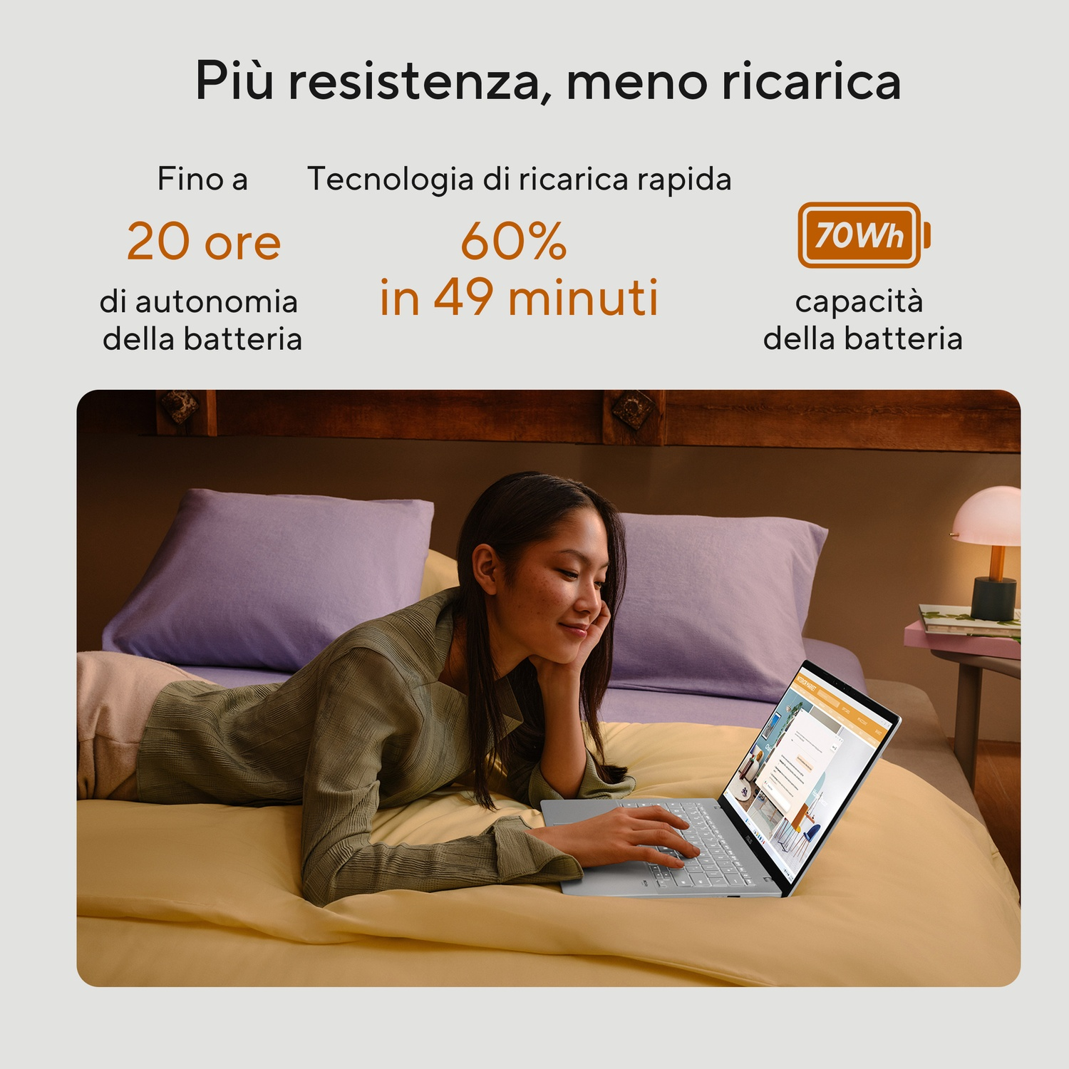 Una donna usa un laptop a letto. Il testo sopra menziona la durata della batteria e la ricarica rapida.