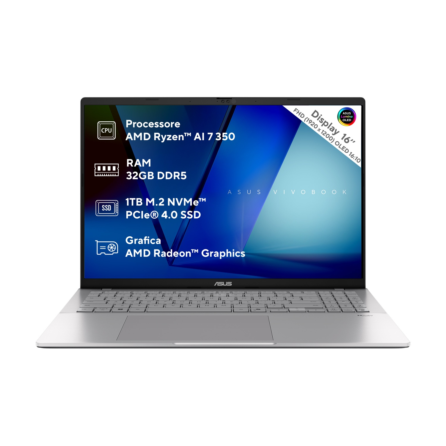 Laptop ASUS Vivobook argento. Lo schermo mostra le specifiche, tra cui processore AMD Ryzen AI 7, 32 GB RAM e 1 TB SSD.