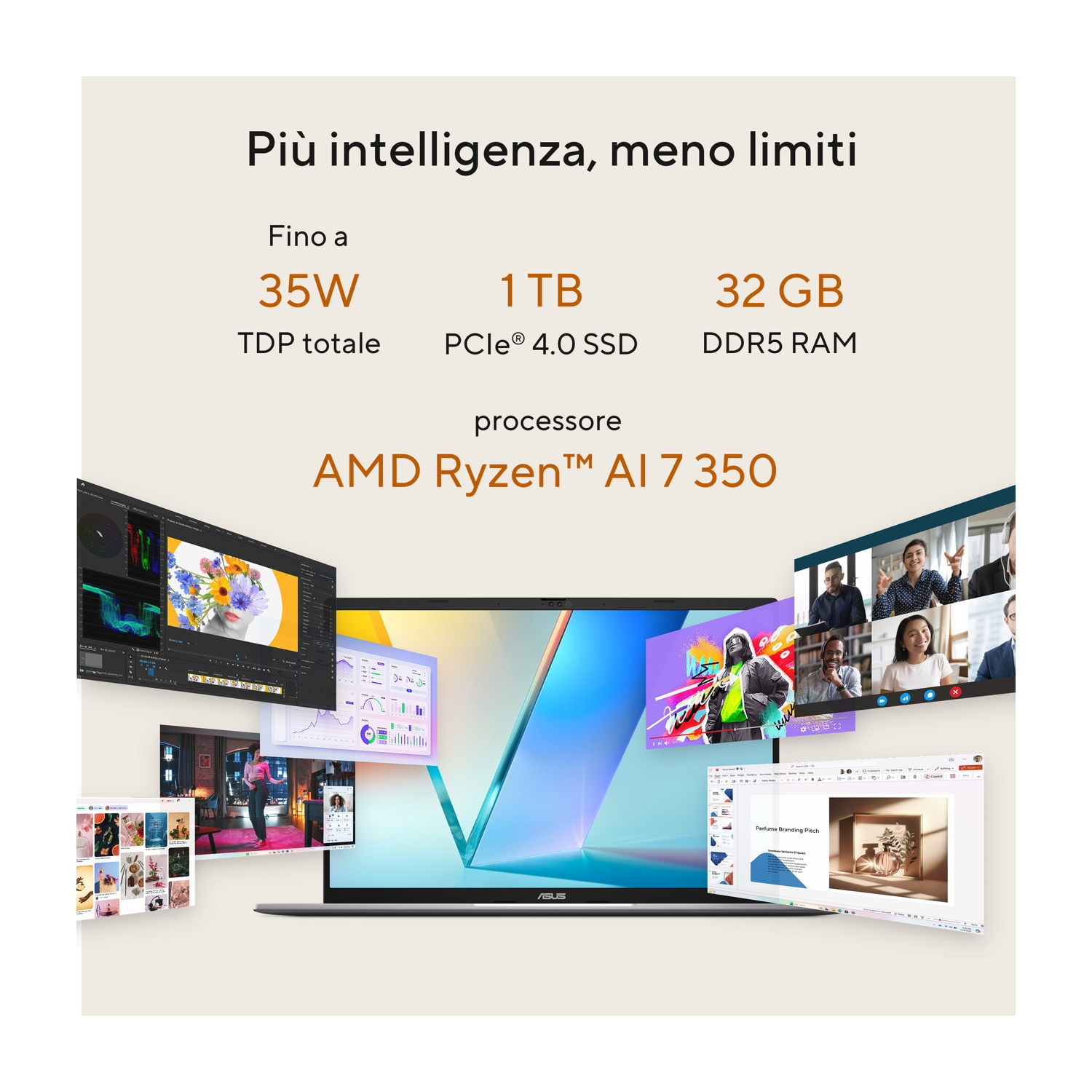 Laptop con più schermi che mostrano interfacce software, videochiamate e una presentazione. Il testo include informazioni sul processore e specifiche.