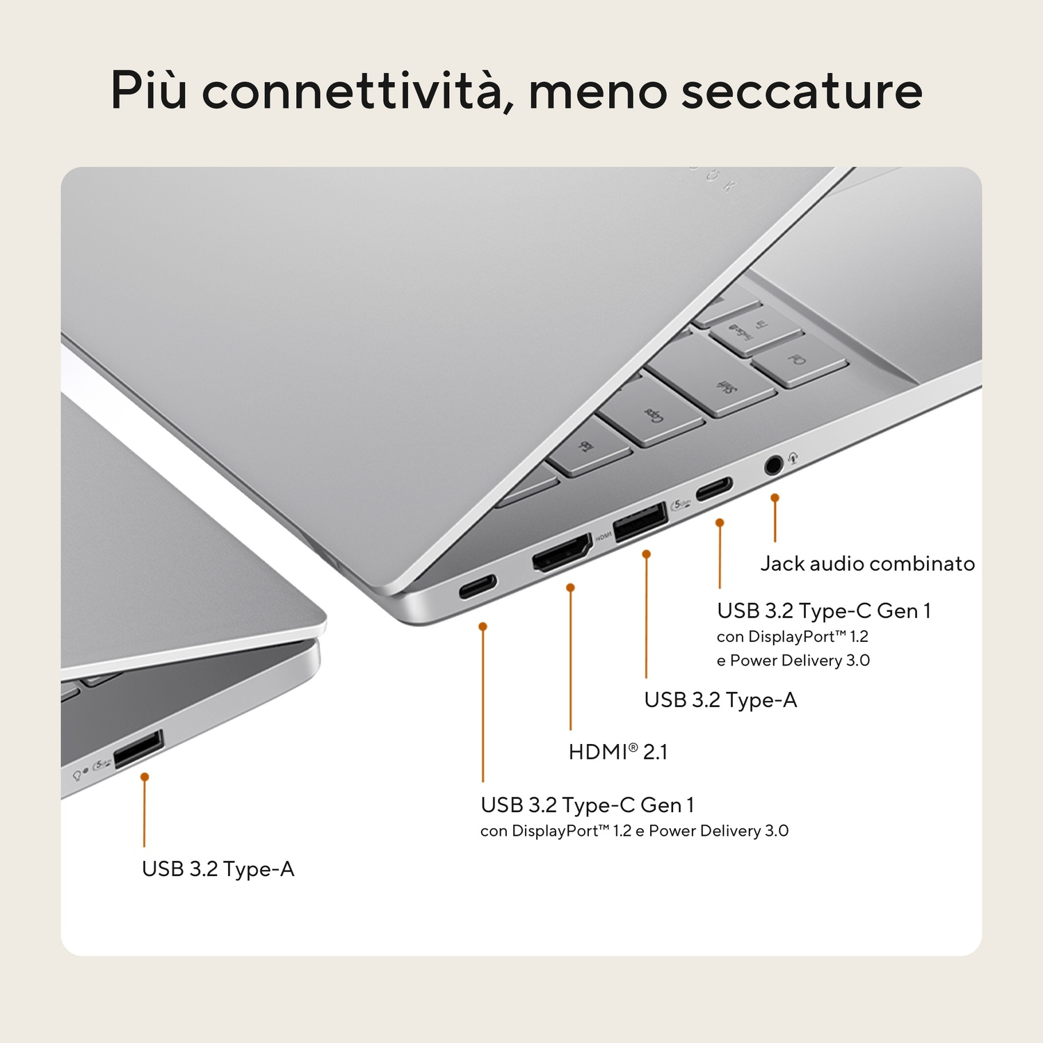 Un laptop argentato mostra porte: USB 3.2 Type-A, HDMI 2.1, USB 3.2 Type-C e un jack audio combinato. La tastiera è visibile.