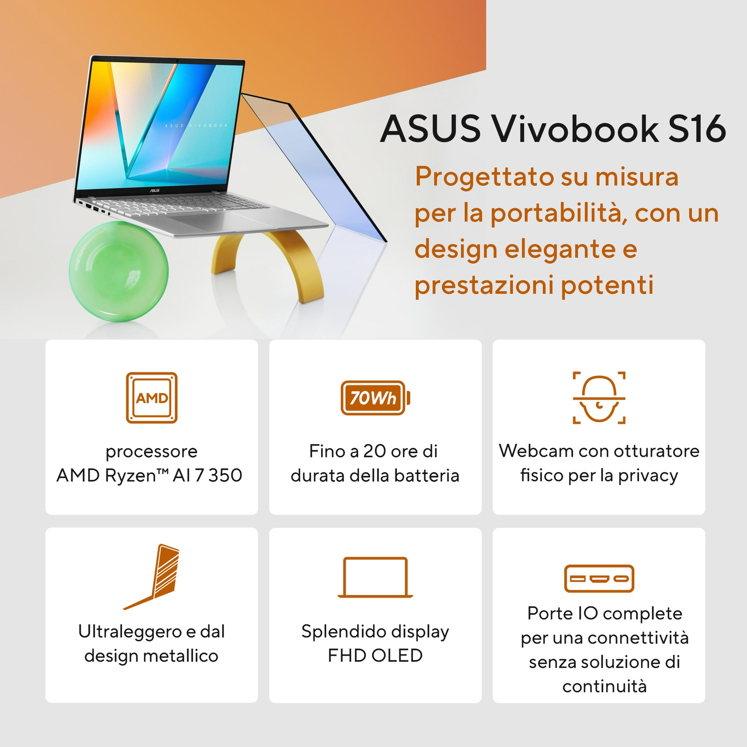 Un laptop Asus Vivobook S16 con una sfera verde, un supporto dorato e varie icone di funzionalità su sfondo bianco.