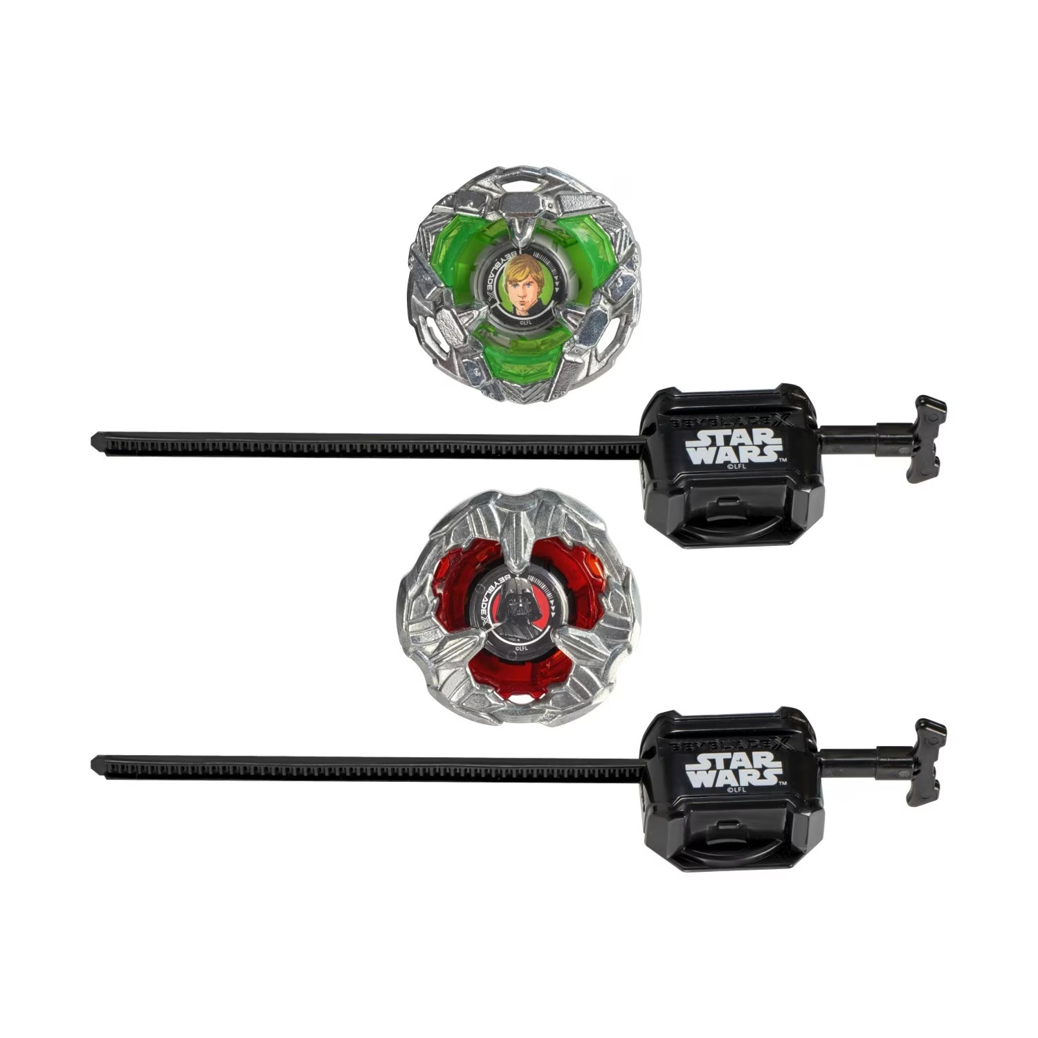 Due trottole Beyblade di Star Wars con lanciatori. Una verde con Luke, l'altra rossa con Darth Vader. Lanciatori neri.