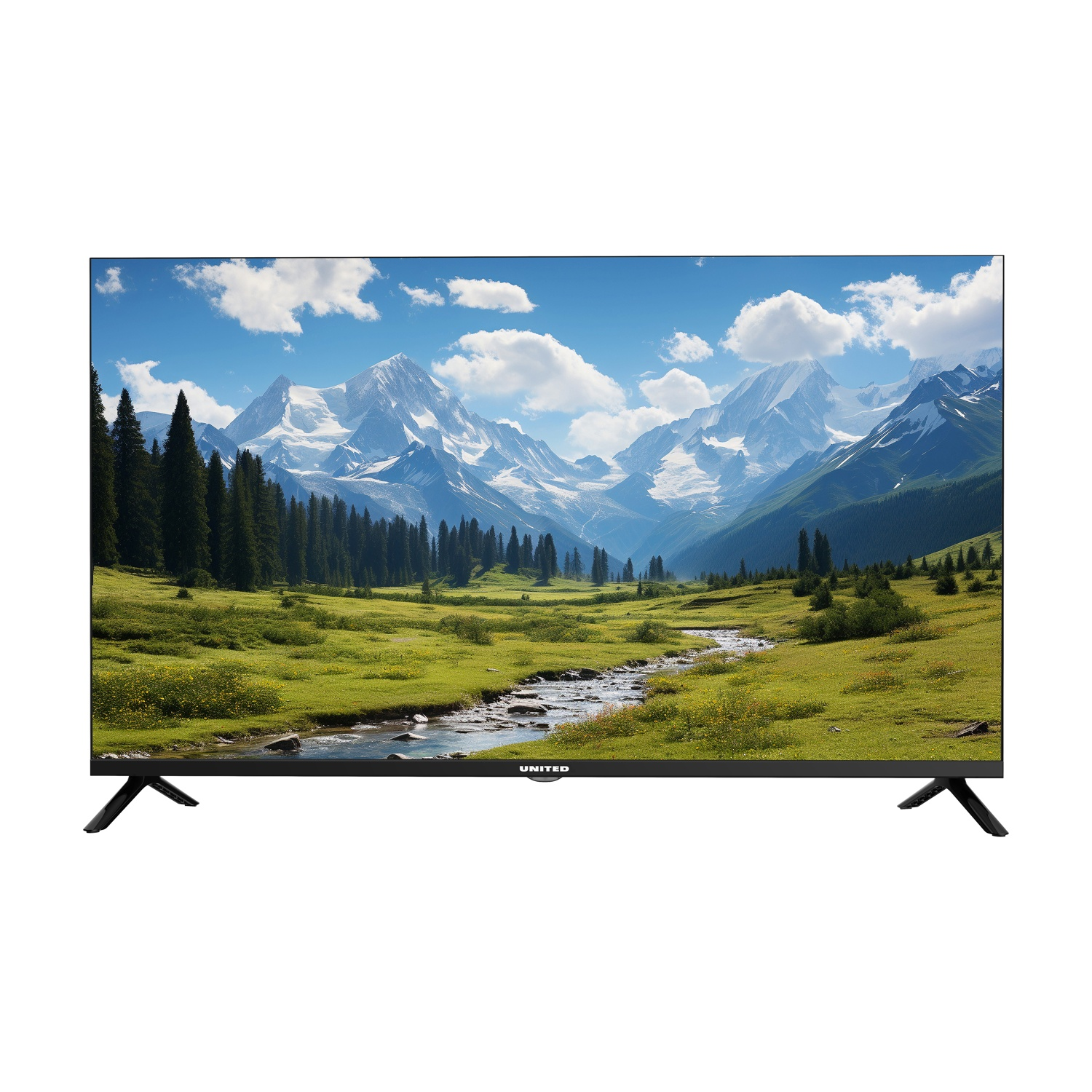 Una TV mostra un paesaggio montano con un fiume, campi verdi e montagne innevate sotto un cielo blu con nuvole.