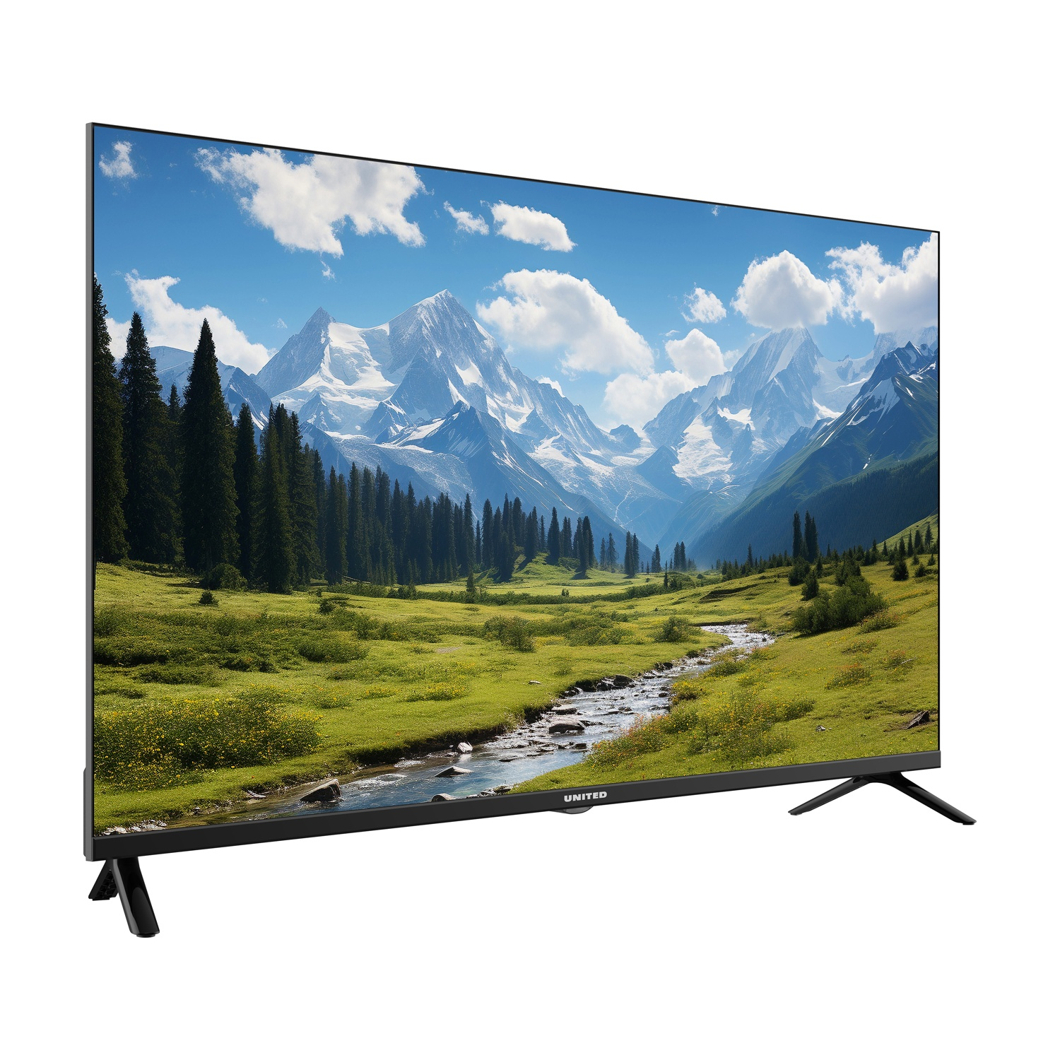 Una TV mostra un paesaggio montano con fiume, alberi e cielo blu. La TV è nera con logo e supporti.