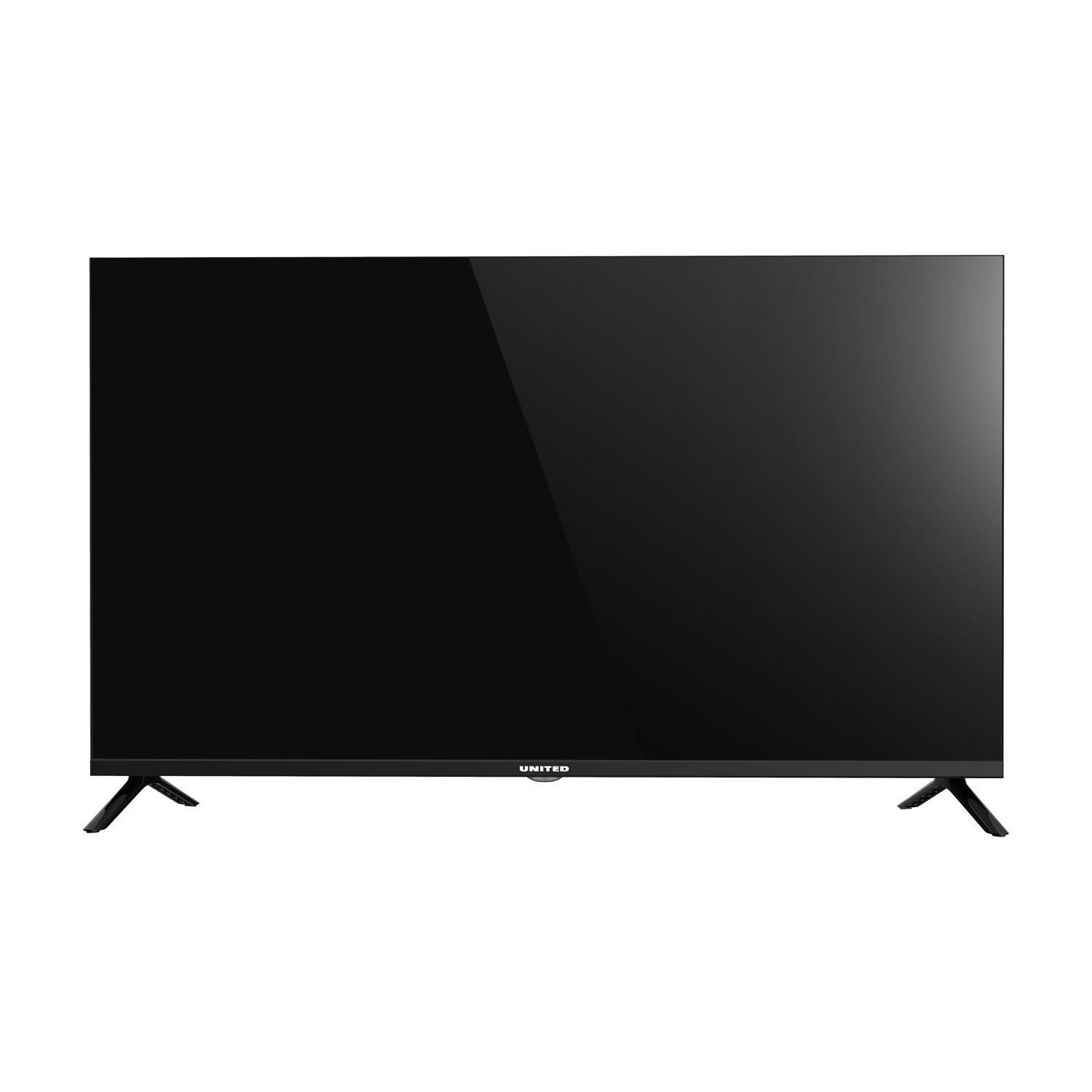 Una televisione a schermo piatto nera con cornice e gambe nere. Il marchio 'UNITED' è visibile in basso.