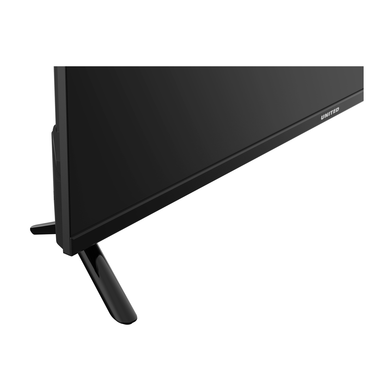 Un televisore nero United è mostrato da un'angolazione bassa. La TV ha un design elegante con due gambe nere che la sostengono.