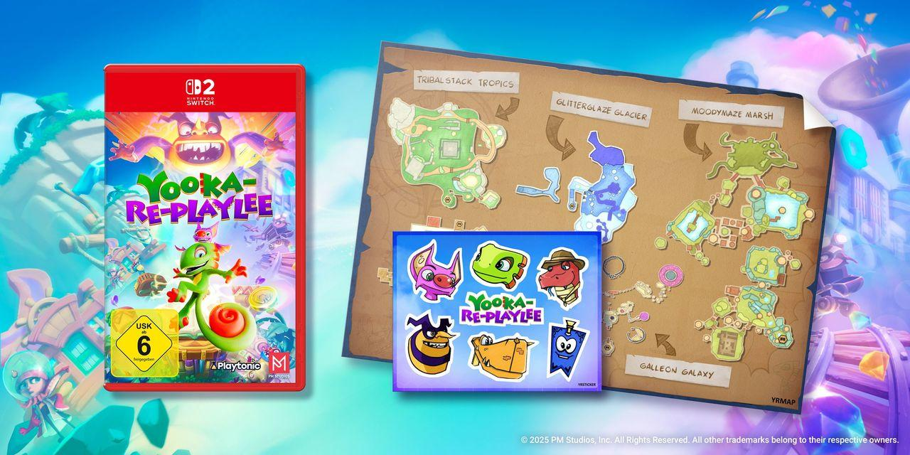 Spielbox und Karte zeigen Yooka-Replaylee. Enthält Spielfiguren und Levelkarten.