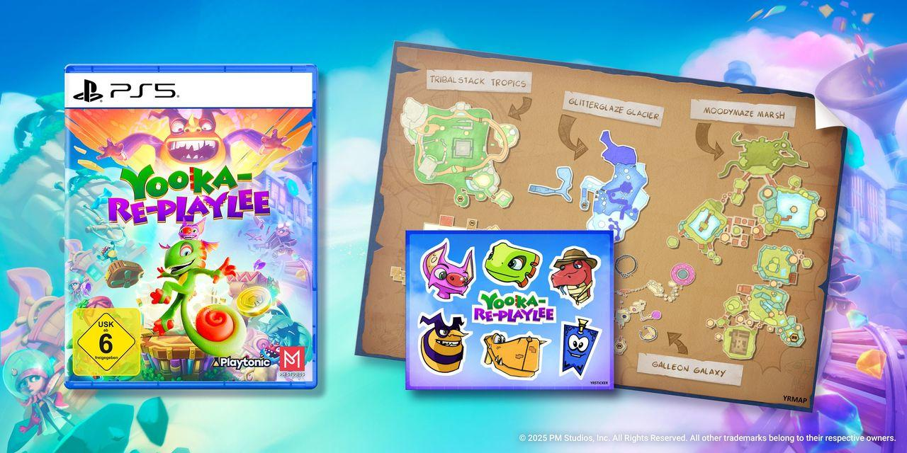 Spielbox von Yooka-Replaylee für PS5, Karte mit Spielbereichen und Charakteraufklebern vor blauem Himmel.