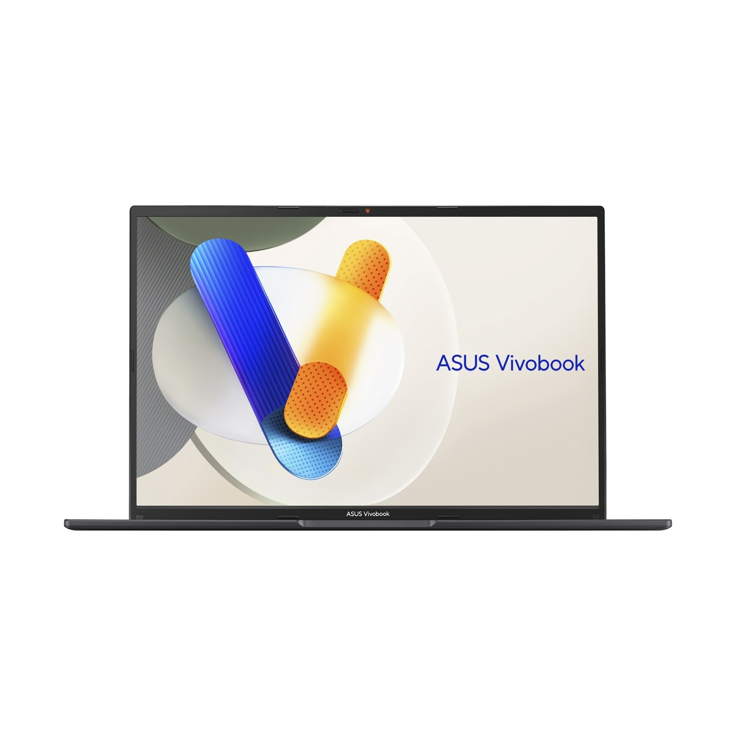 Un laptop ASUS Vivobook è aperto, mostrando un design astratto colorato. Il laptop è su sfondo bianco. Lo schermo mostra un design blu e arancione.