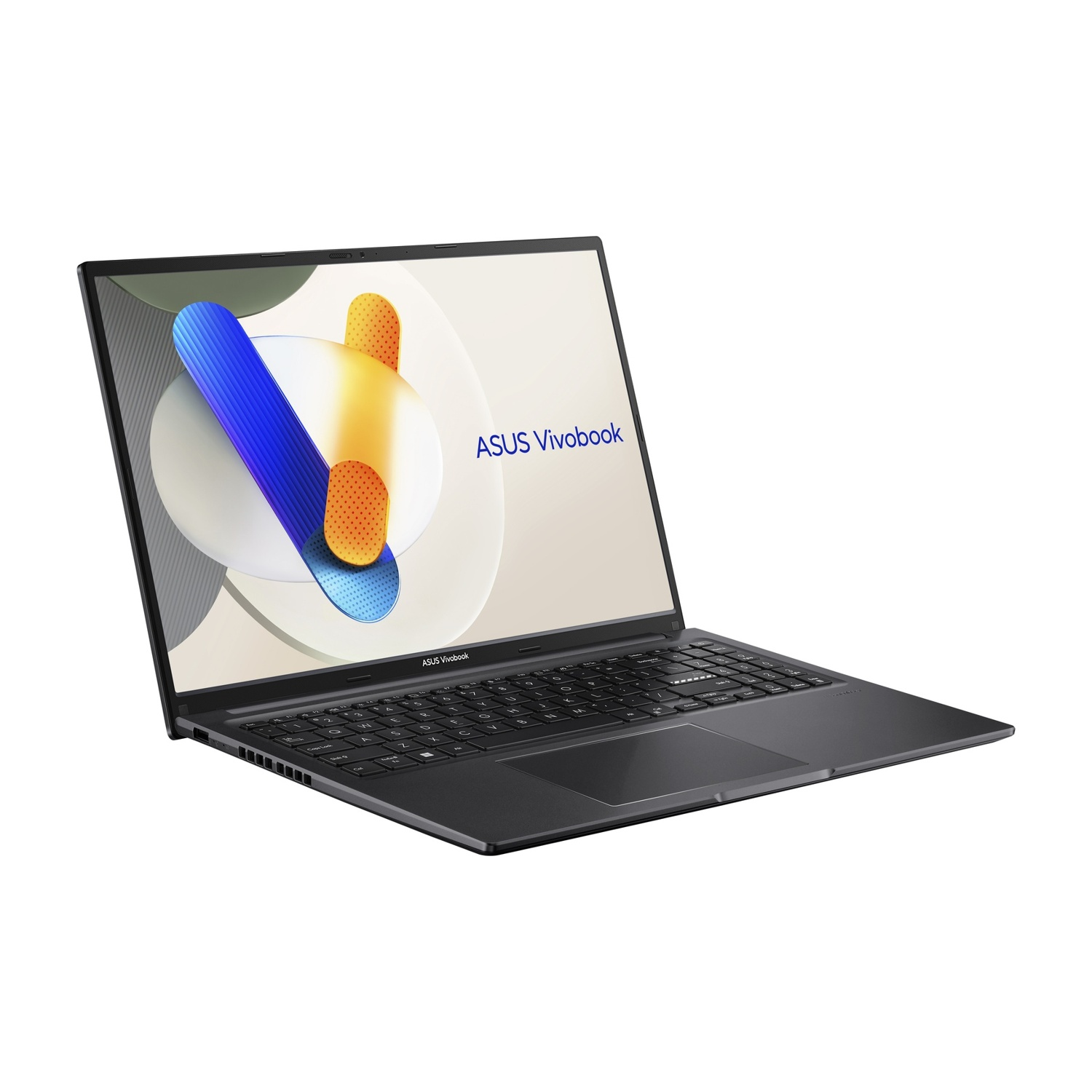 Un laptop ASUS Vivobook grigio scuro è aperto. Lo schermo mostra un design con forme blu, gialle e arancioni. La tastiera è visibile.