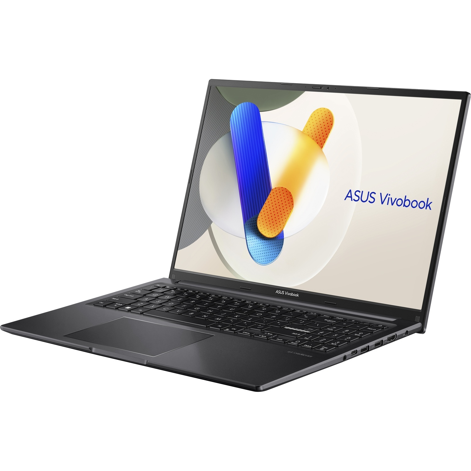 Un laptop ASUS Vivobook grigio scuro è aperto, che mostra un design astratto colorato sullo schermo. La tastiera è visibile.
