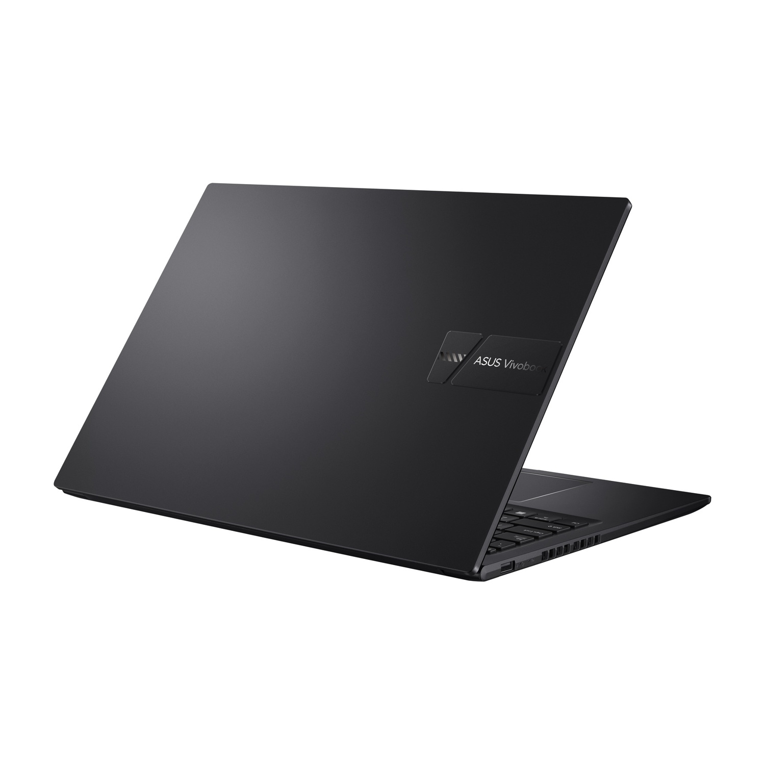 Un laptop ASUS Vivobook nero è mostrato ad angolo su sfondo bianco. Lo schermo è aperto e la tastiera è visibile.