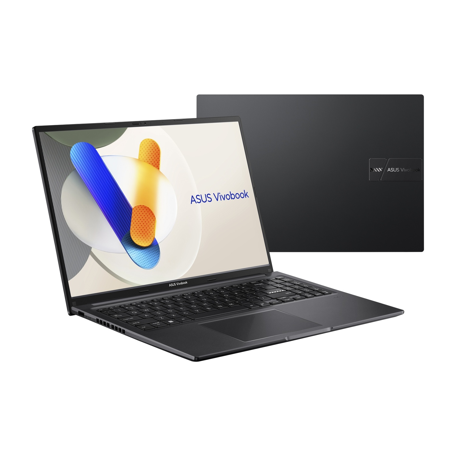 Un laptop ASUS Vivobook, aperto e angolato, con un design dello schermo unico. Un laptop chiuso è dietro.