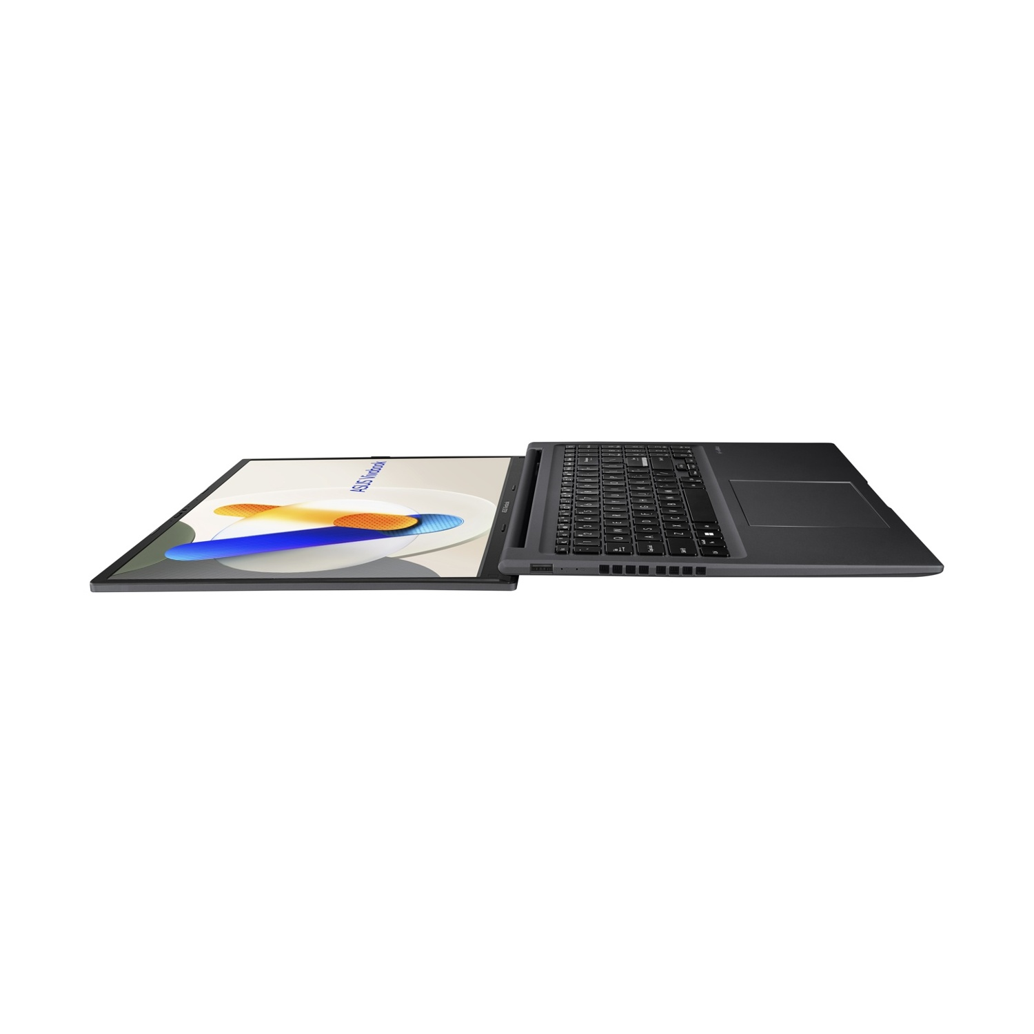 Un laptop grigio scuro aperto su sfondo bianco. Lo schermo mostra forme astratte crema, blu e gialle. La tastiera è visibile.