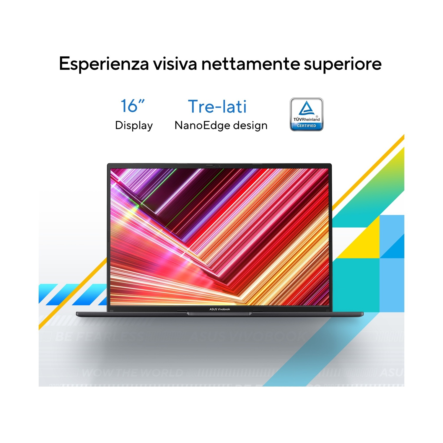 Un laptop con schermo vibrante mostra grafica colorata. Il testo sopra recita 'Esperienza visiva nettamente superiore'.
