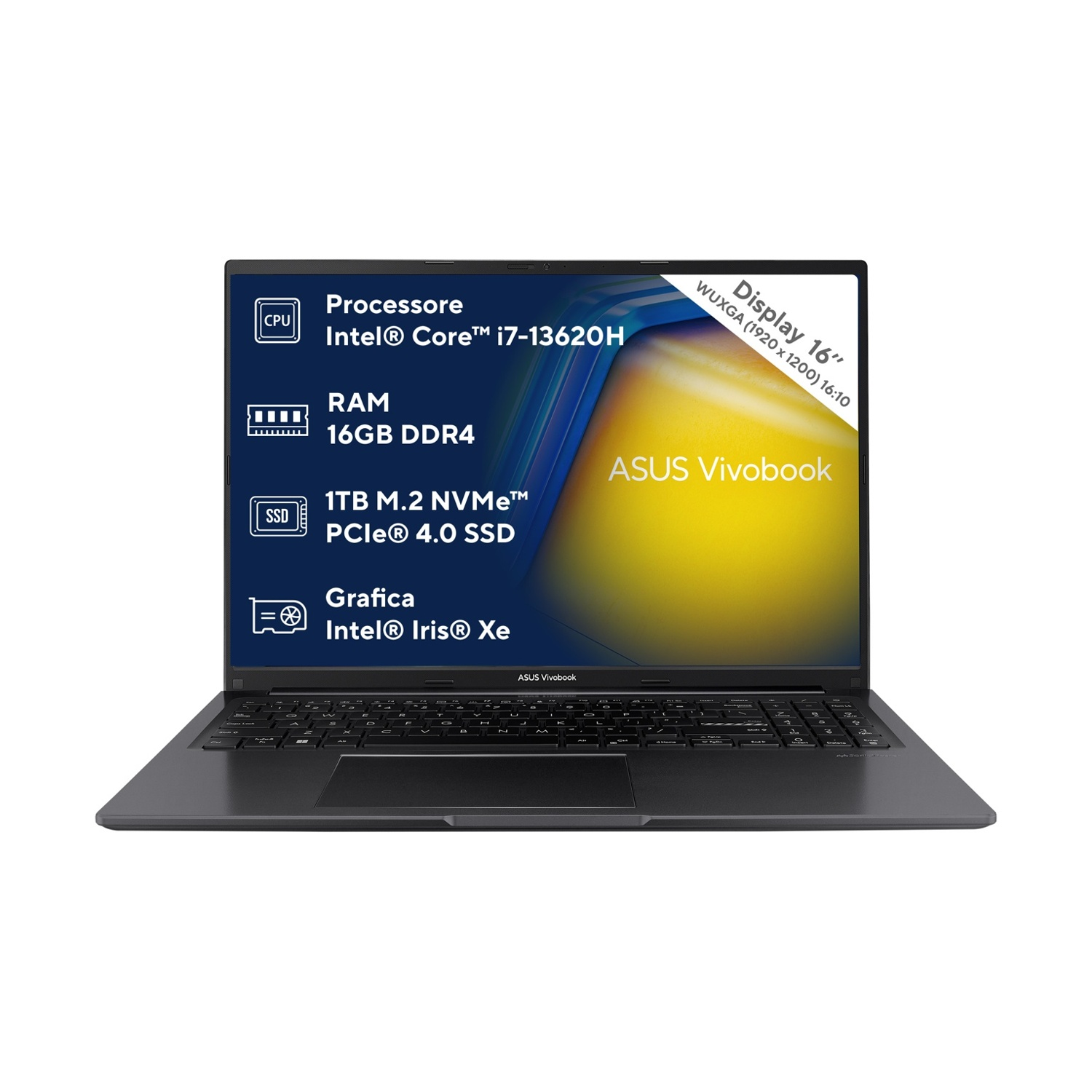 Un laptop ASUS Vivobook viene visualizzato, evidenziando caratteristiche come il processore Intel Core i7, 16 GB di RAM e 1 TB di SSD.