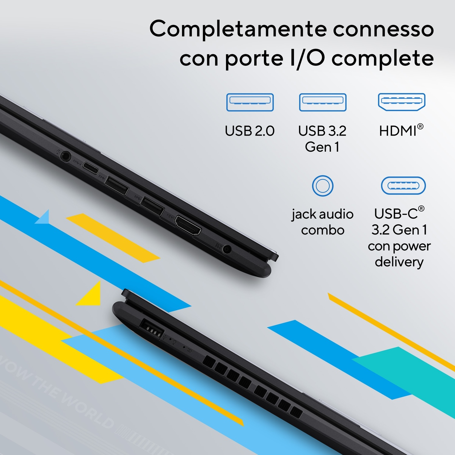 L'immagine mostra le porte del laptop: USB 2.0, USB 3.2 Gen 1, HDMI, jack audio combo e USB-C 3.2 Gen 1 con erogazione di energia.