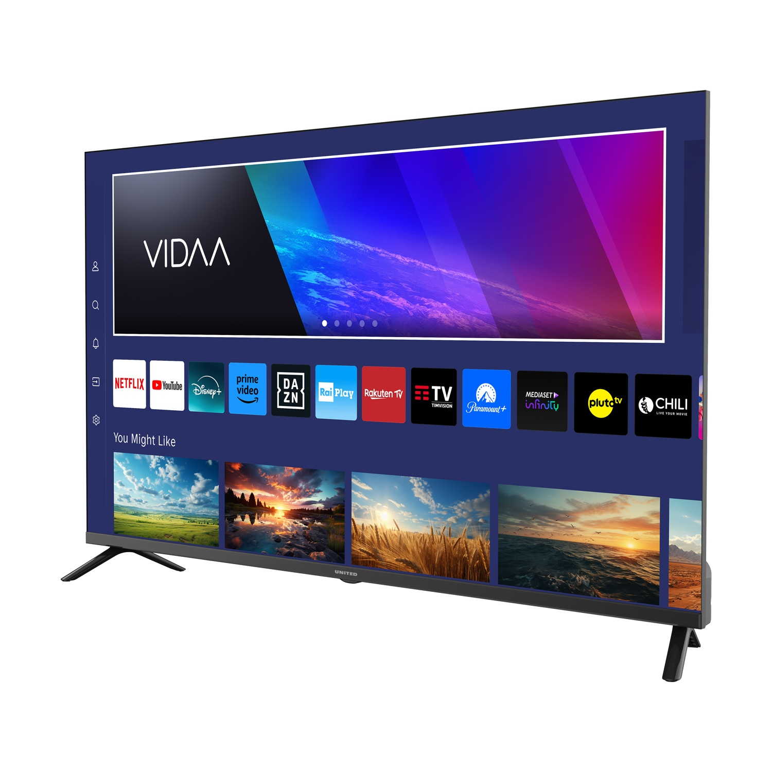 Una TV moderna mostra app di streaming come Netflix e YouTube. Lo schermo mostra uno sfondo astratto colorato. La TV ha gambe nere.